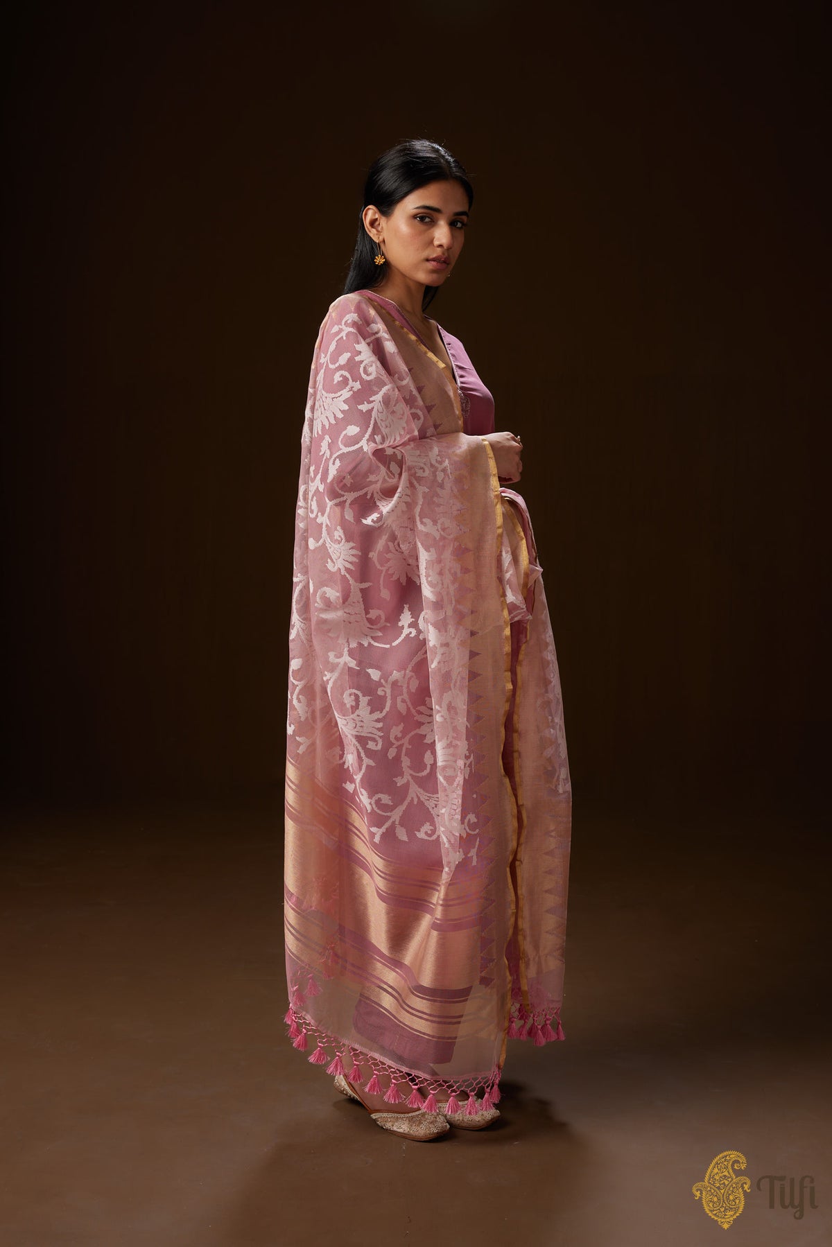 Pink Pure Kora Net Banarasi Handloom Dupatta