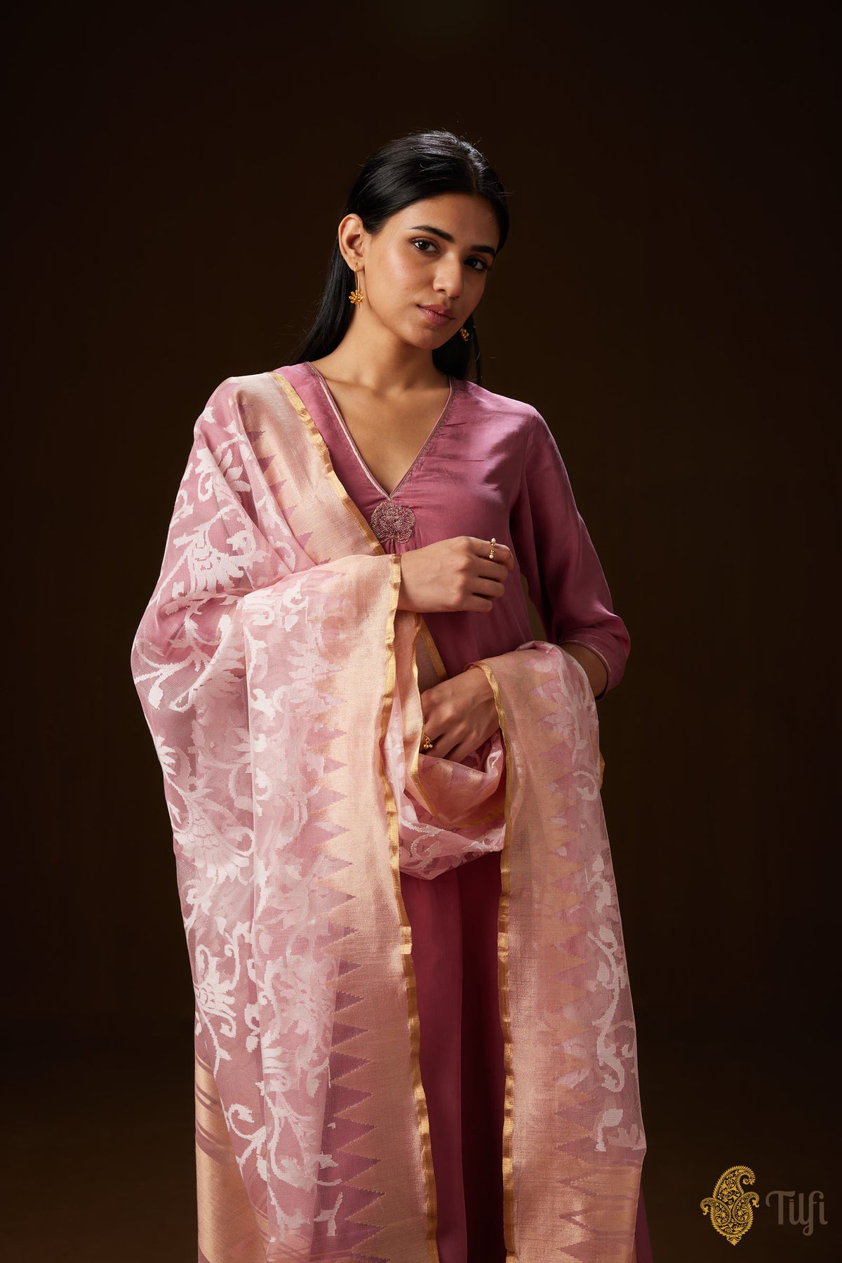 Pink Pure Kora Net Banarasi Handloom Dupatta