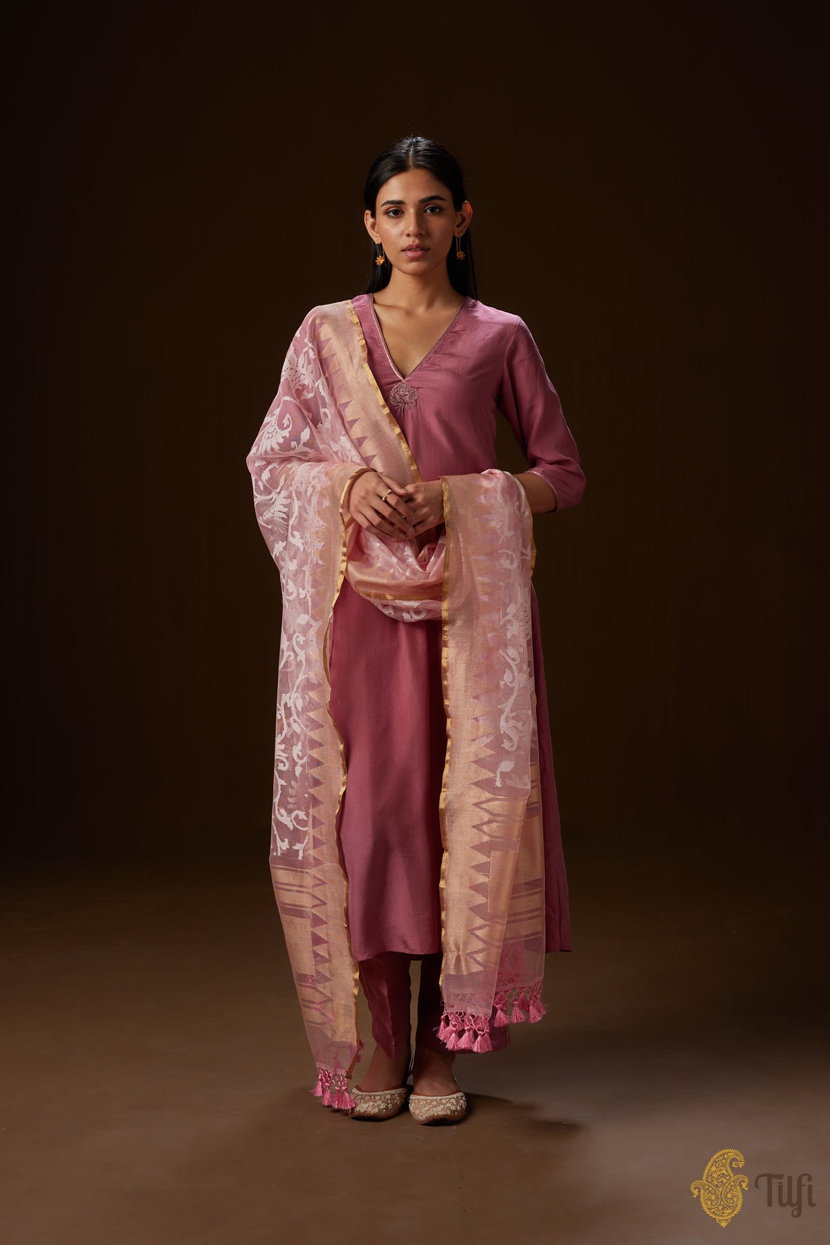 Pink Pure Kora Net Banarasi Handloom Dupatta