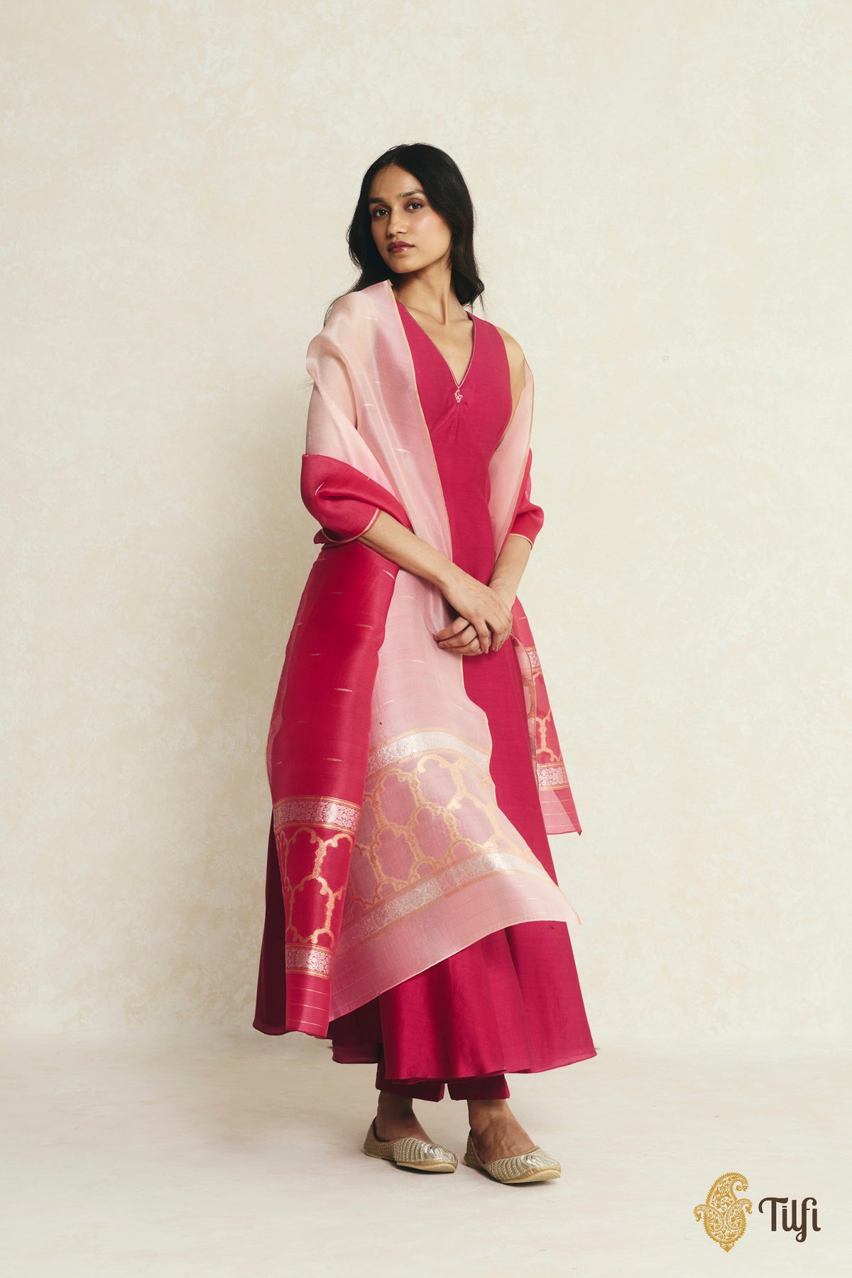 Pink Ombré Pure Kora Silk Banarasi Handloom Dupatta