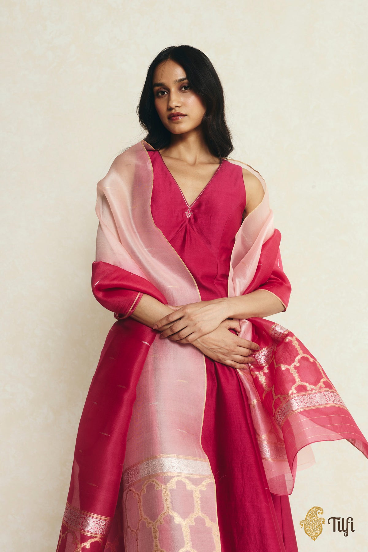 Pink Ombré Pure Kora Silk Banarasi Handloom Dupatta