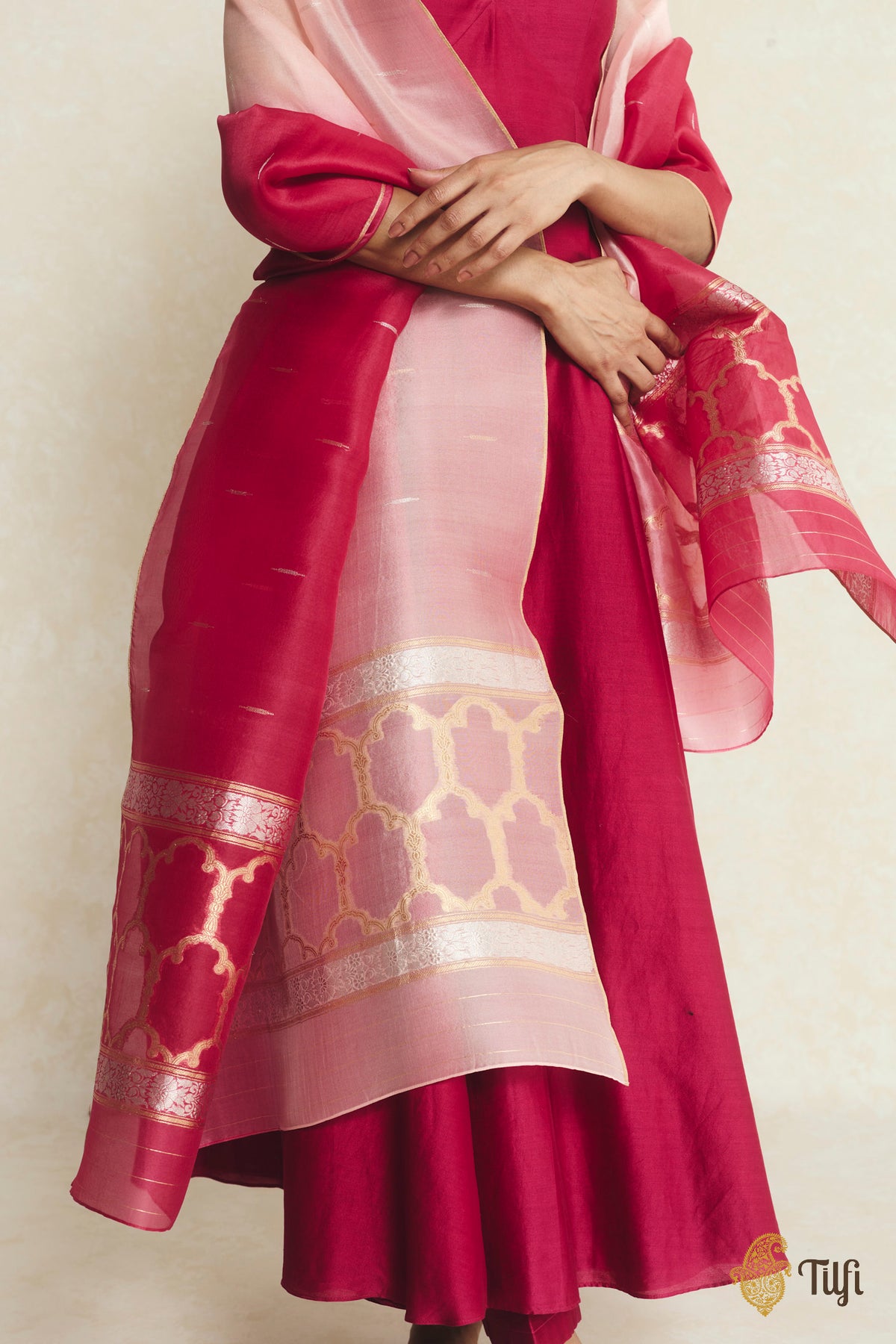 Pink Ombré Pure Kora Silk Banarasi Handloom Dupatta