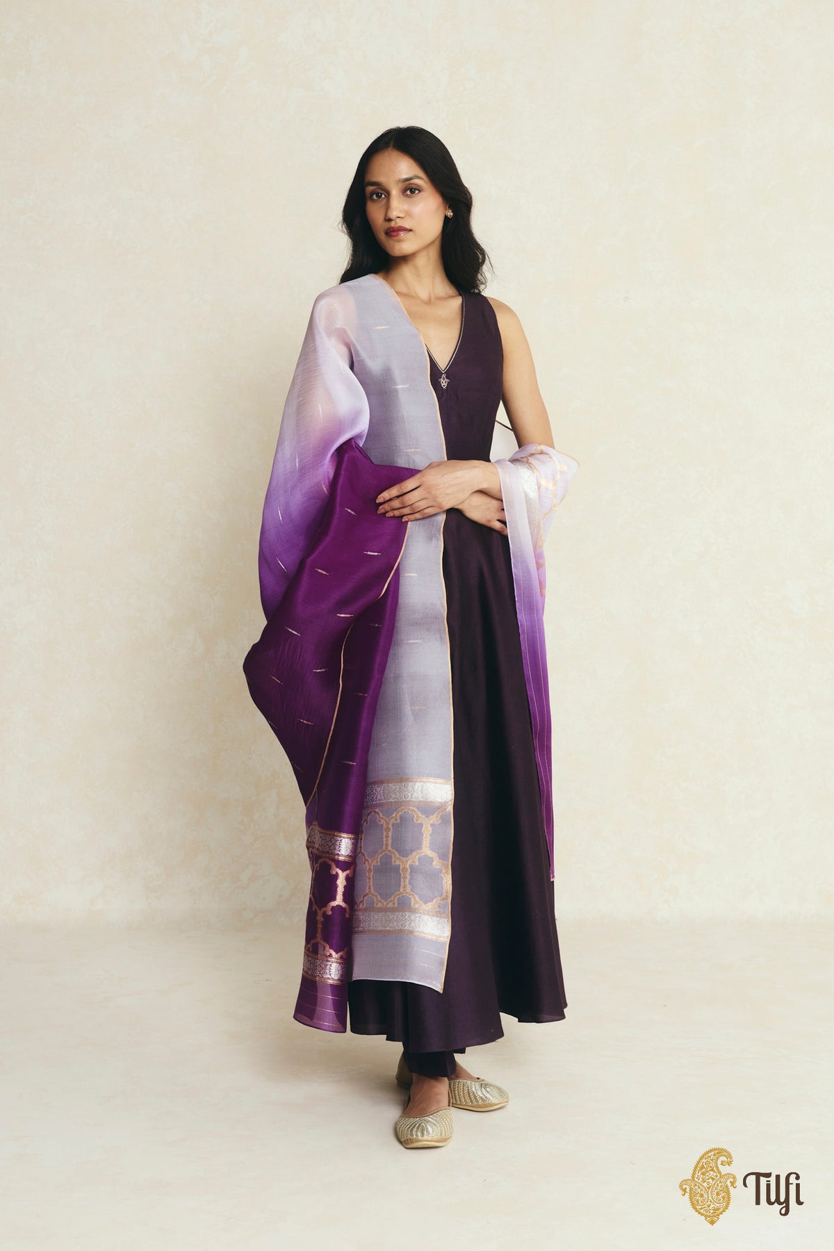 Purple Ombré Pure Kora Silk Banarasi Handloom Dupatta