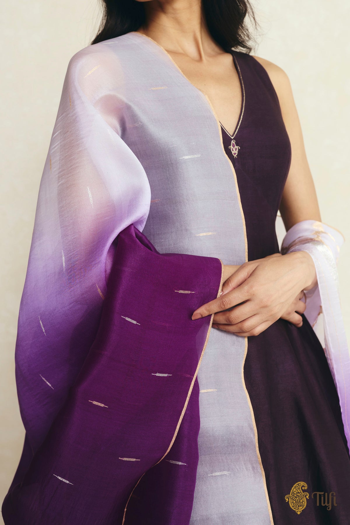 Purple Ombré Pure Kora Silk Banarasi Handloom Dupatta