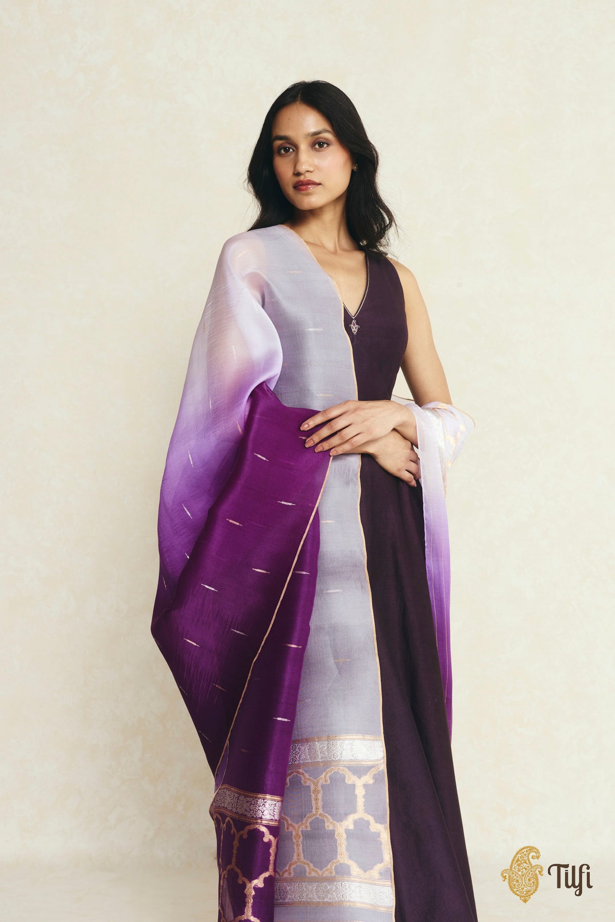 Purple Ombré Pure Kora Silk Banarasi Handloom Dupatta