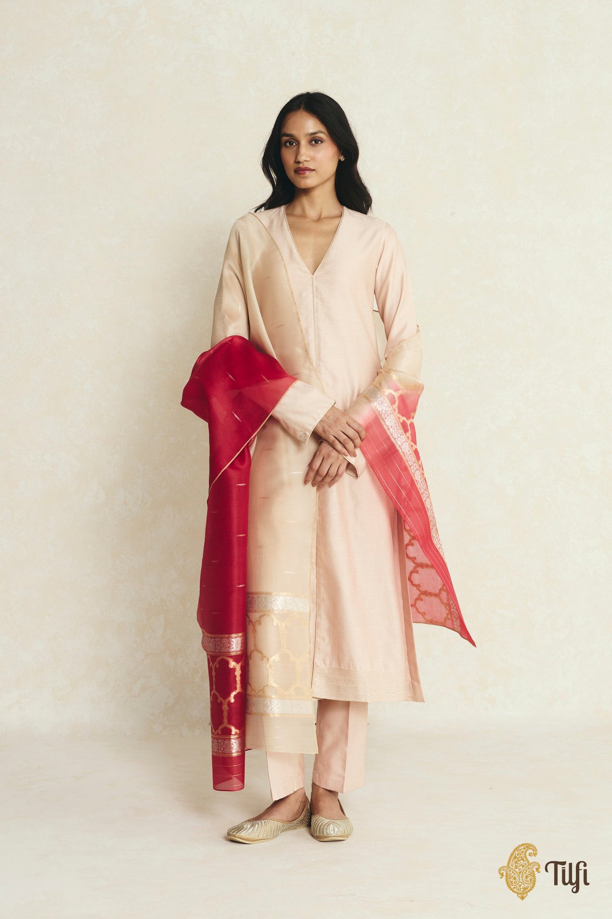 Red Ombré Pure Kora Silk Banarasi Handloom Dupatta