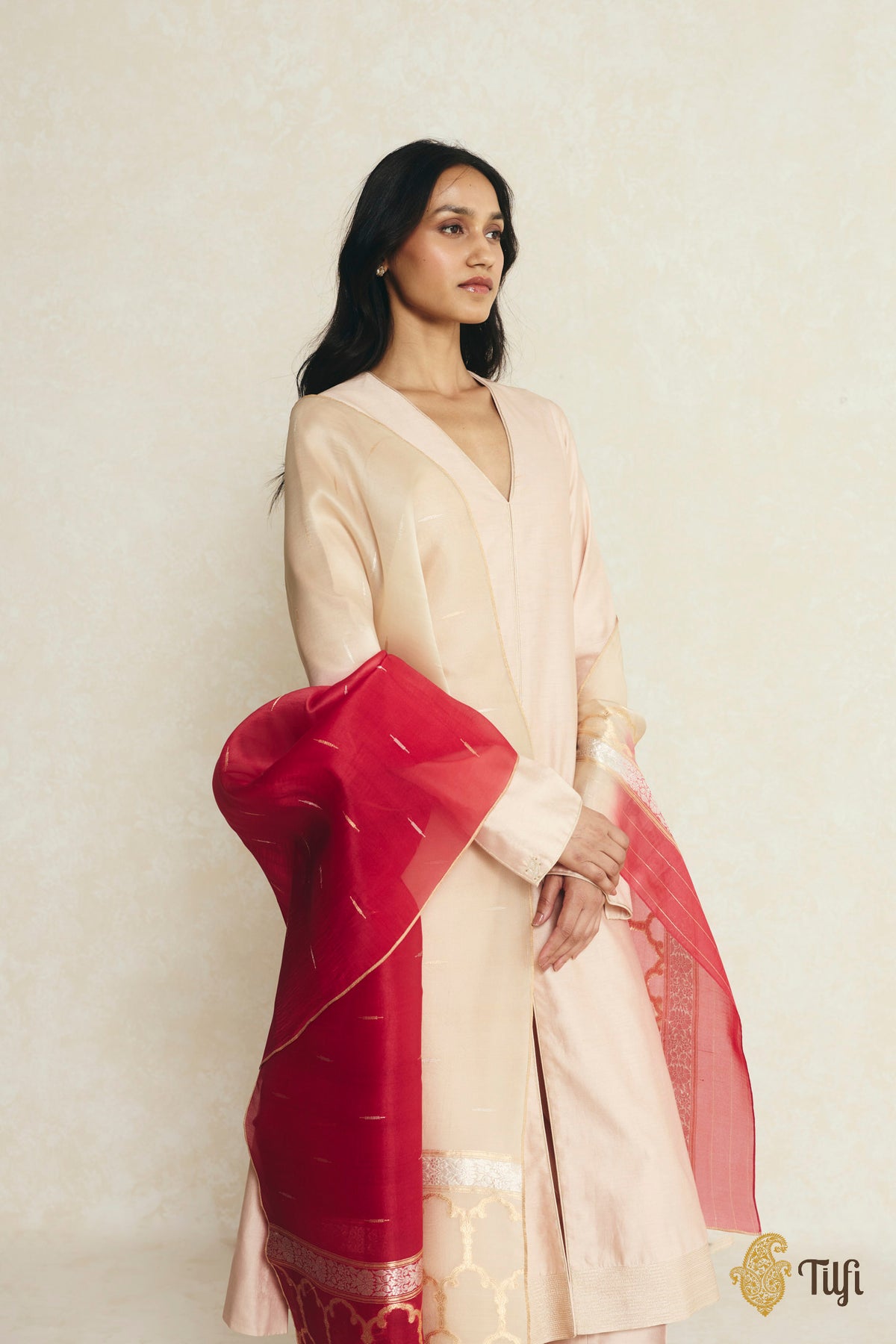 Red Ombré Pure Kora Silk Banarasi Handloom Dupatta