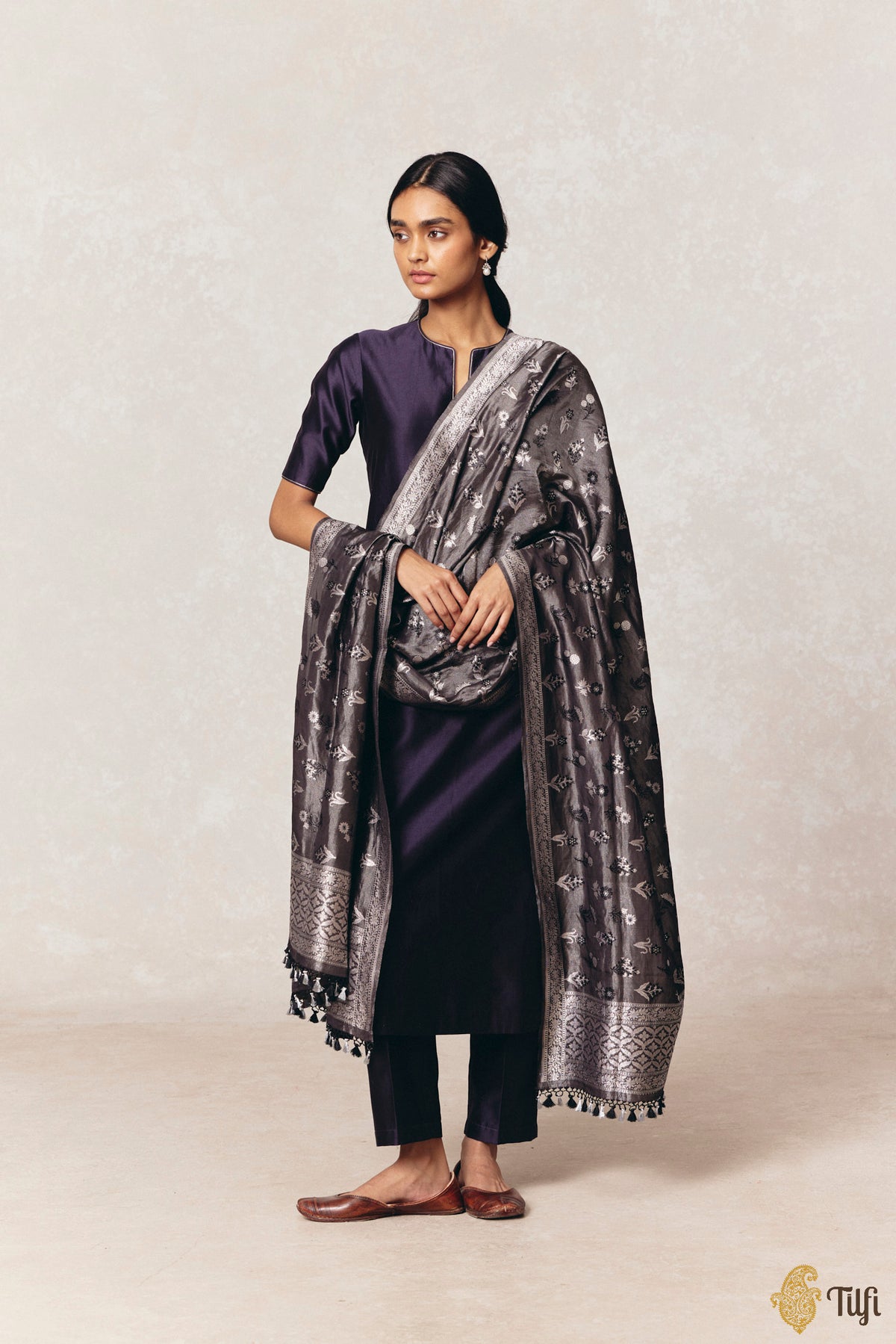 Black Pure Katan Silk Tissue Banarasi Handloom Dupatta