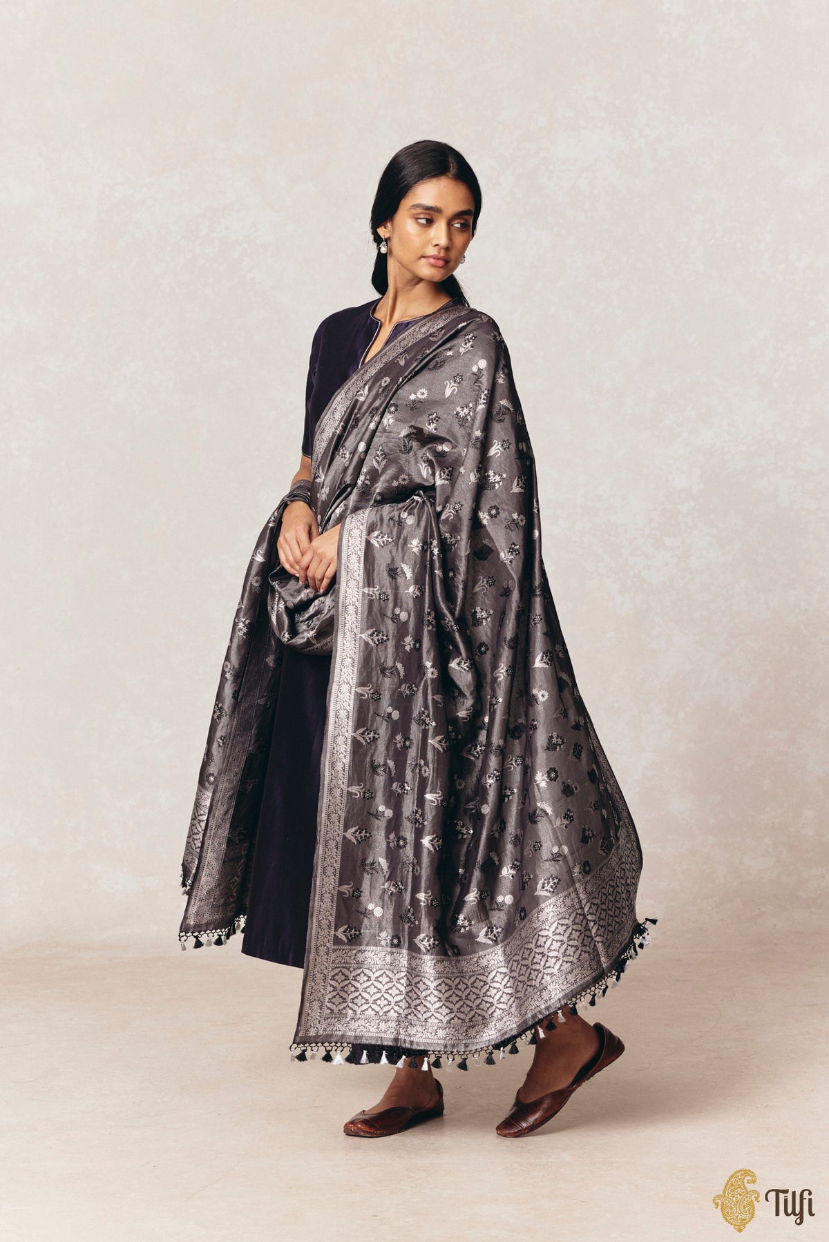 Black Pure Katan Silk Tissue Banarasi Handloom Dupatta