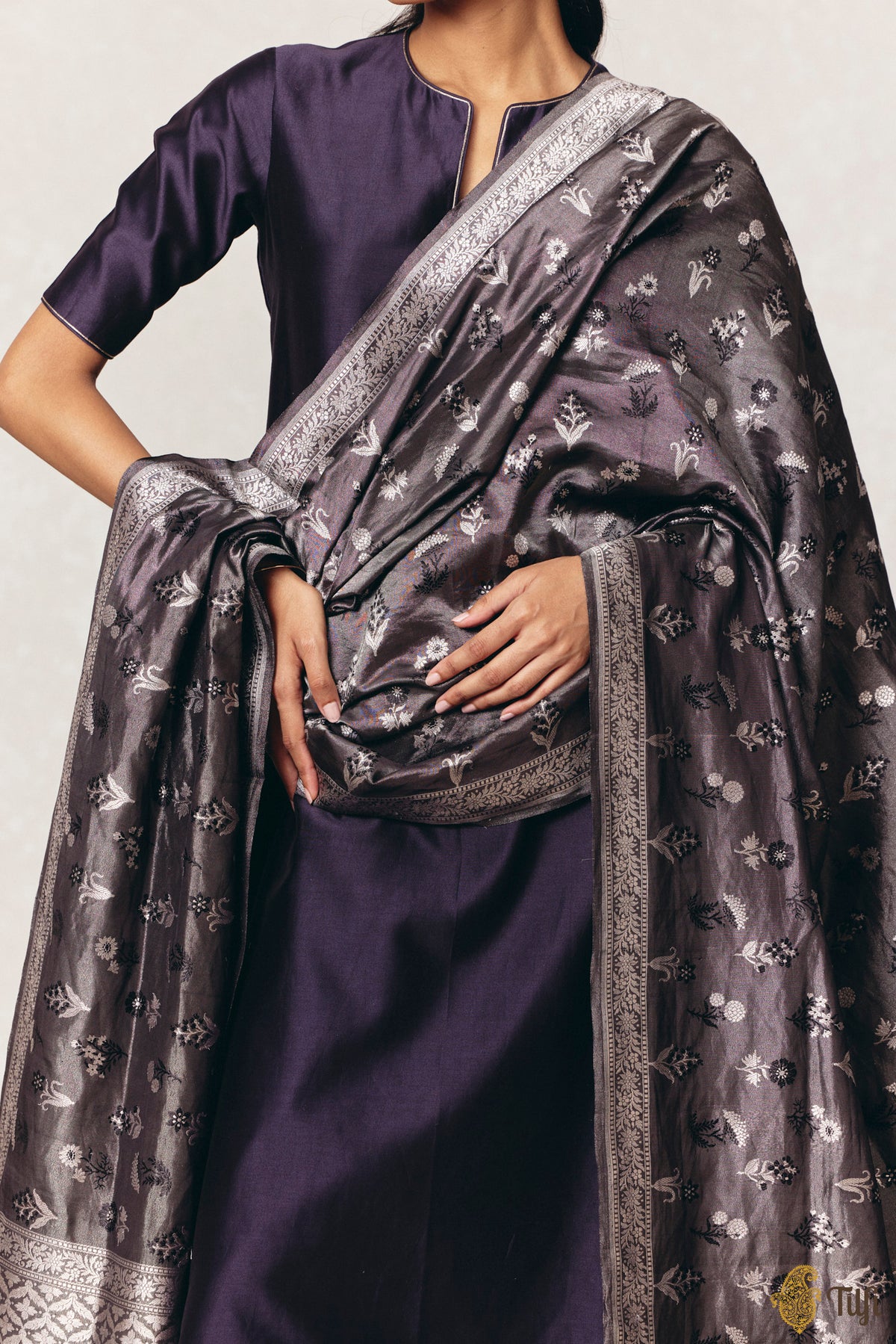 Black Pure Katan Silk Tissue Banarasi Handloom Dupatta