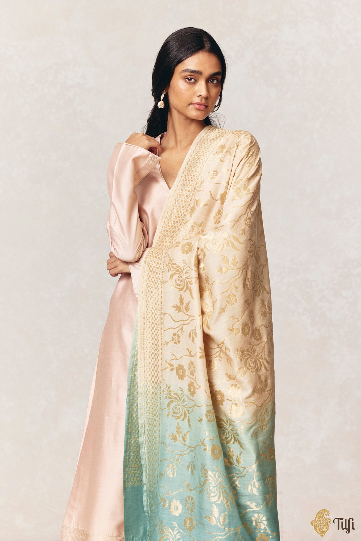 Off-White-Blue Pure Monga Silk Banarasi Handloom Dupatta