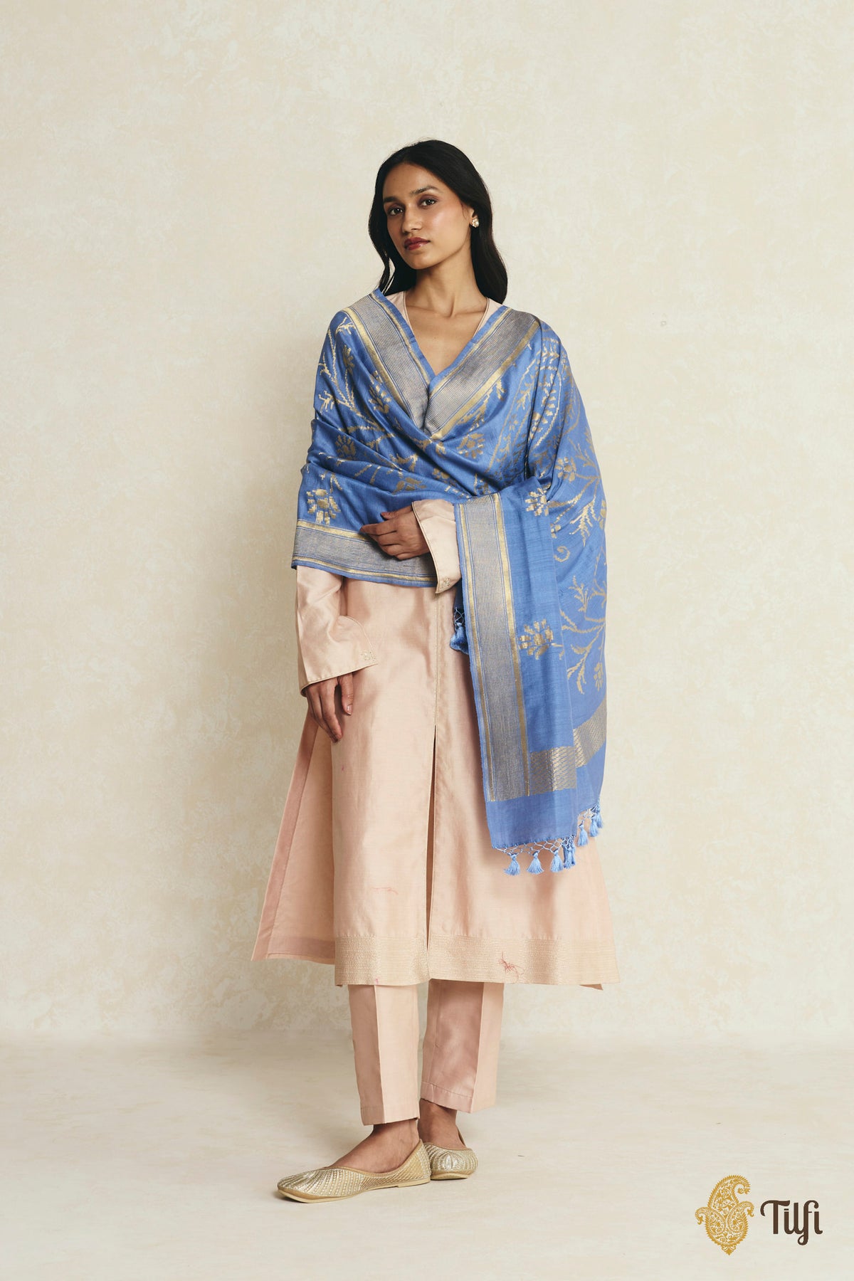 Blue Pure Monga Silk Banarasi Handloom Dupatta