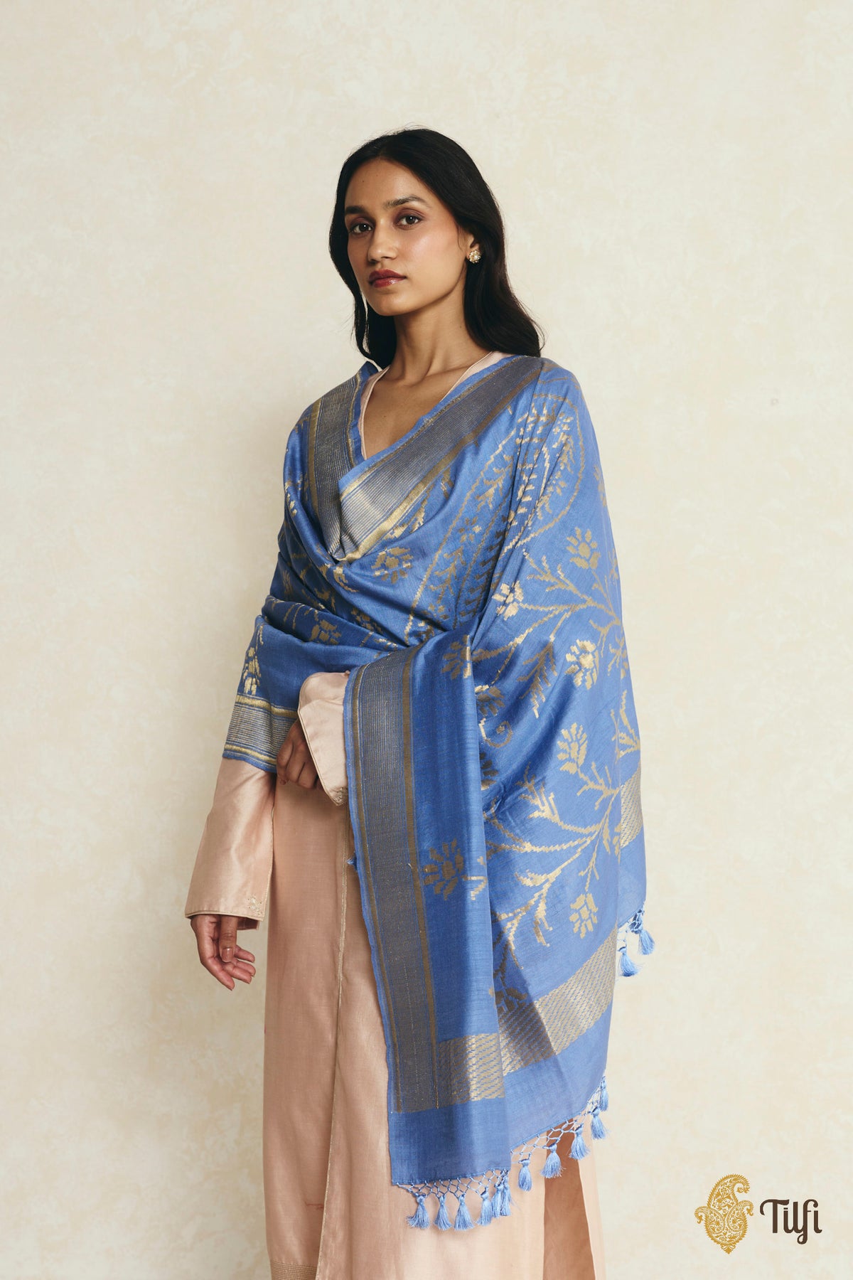 Blue Pure Monga Silk Banarasi Handloom Dupatta