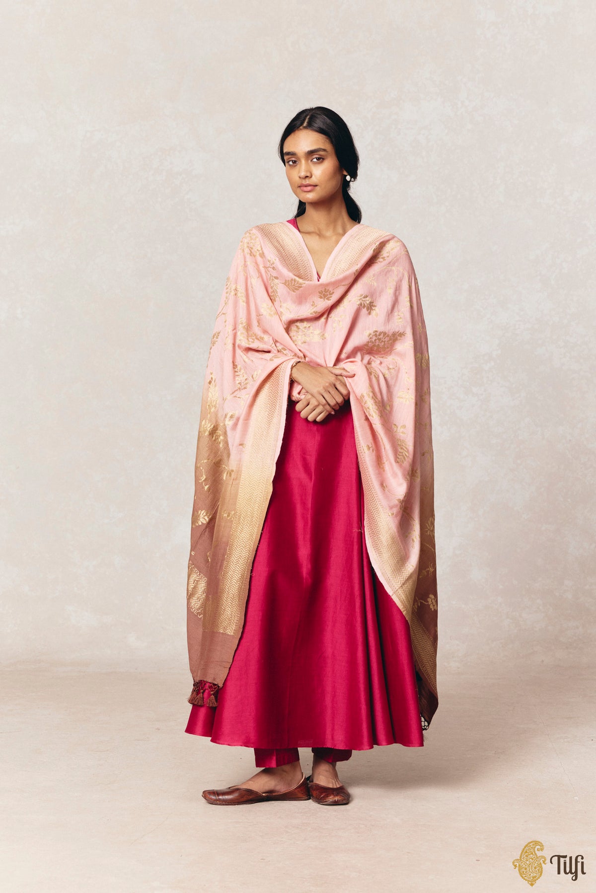 Pink-Brown Pure Monga Silk Banarasi Handloom Dupatta