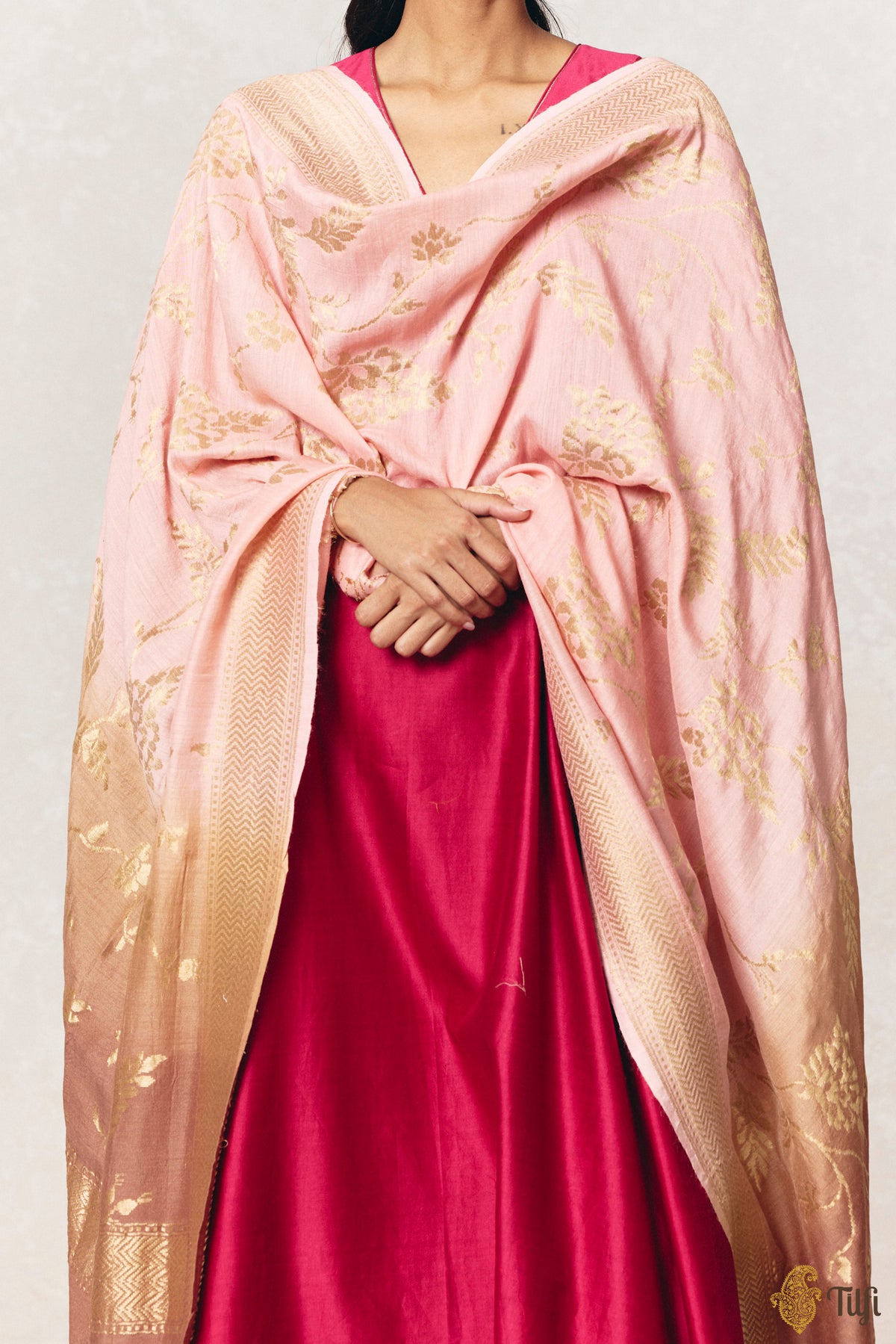 Pink-Brown Pure Monga Silk Banarasi Handloom Dupatta