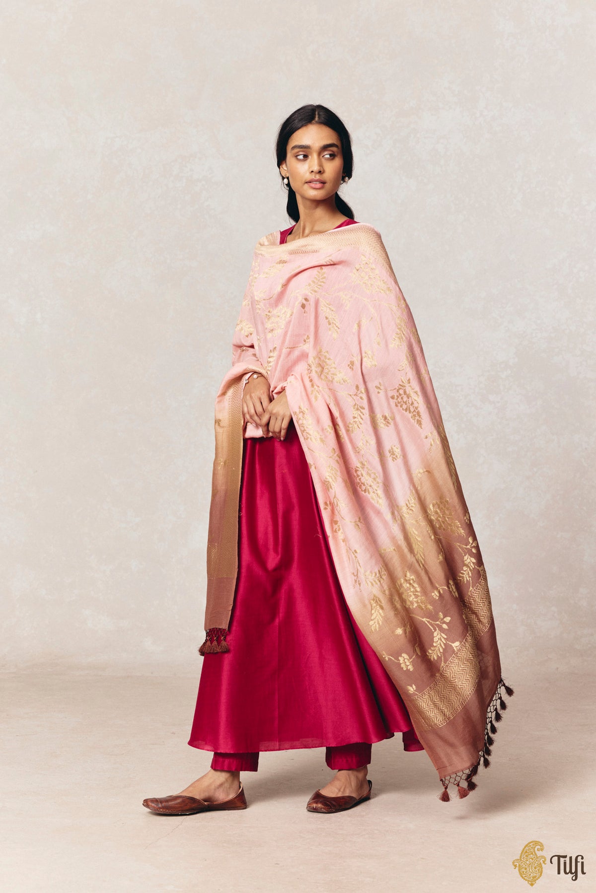 Pink-Brown Pure Monga Silk Banarasi Handloom Dupatta