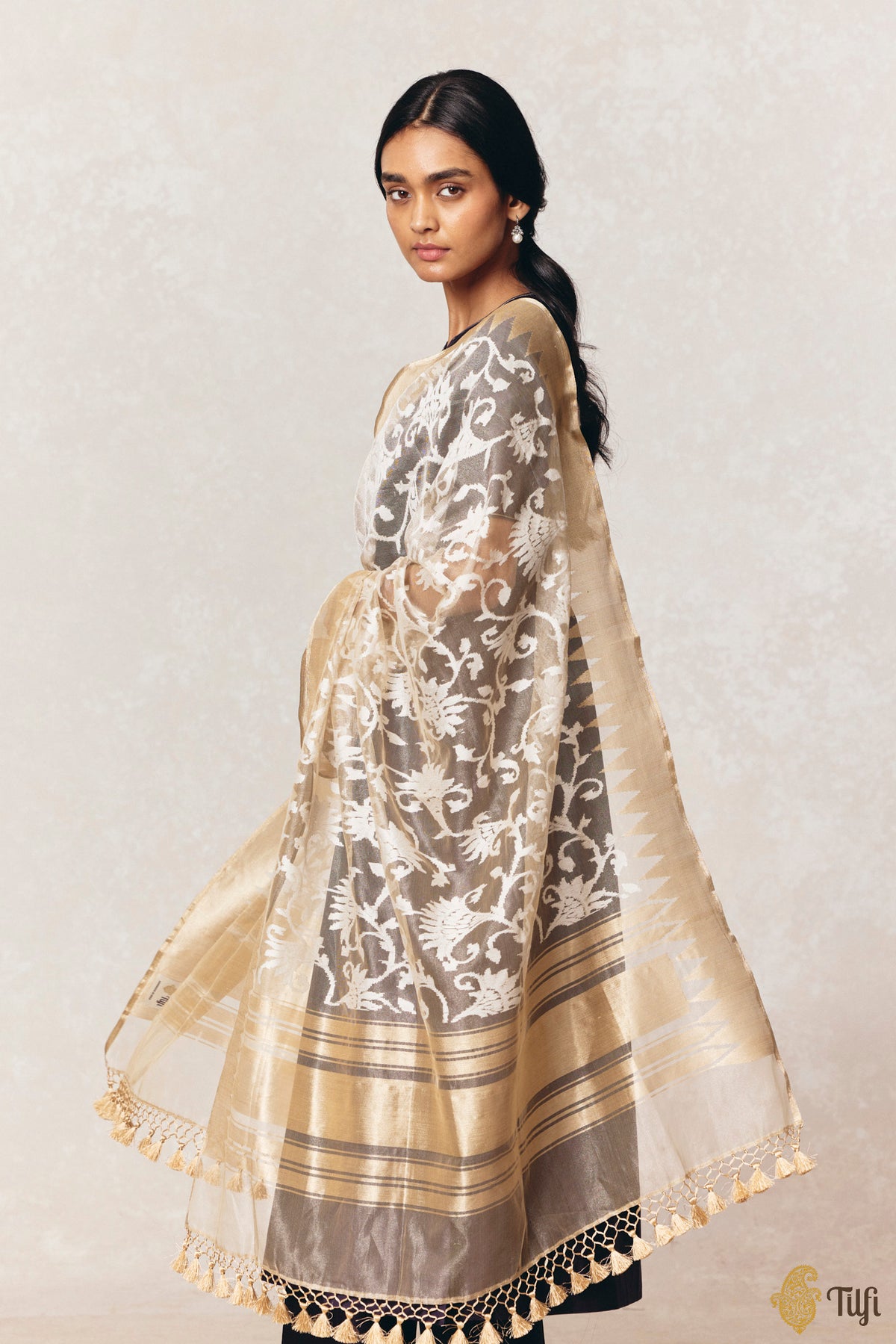 Beige Pure Kora Net Tissue Banarasi Handloom Dupatta