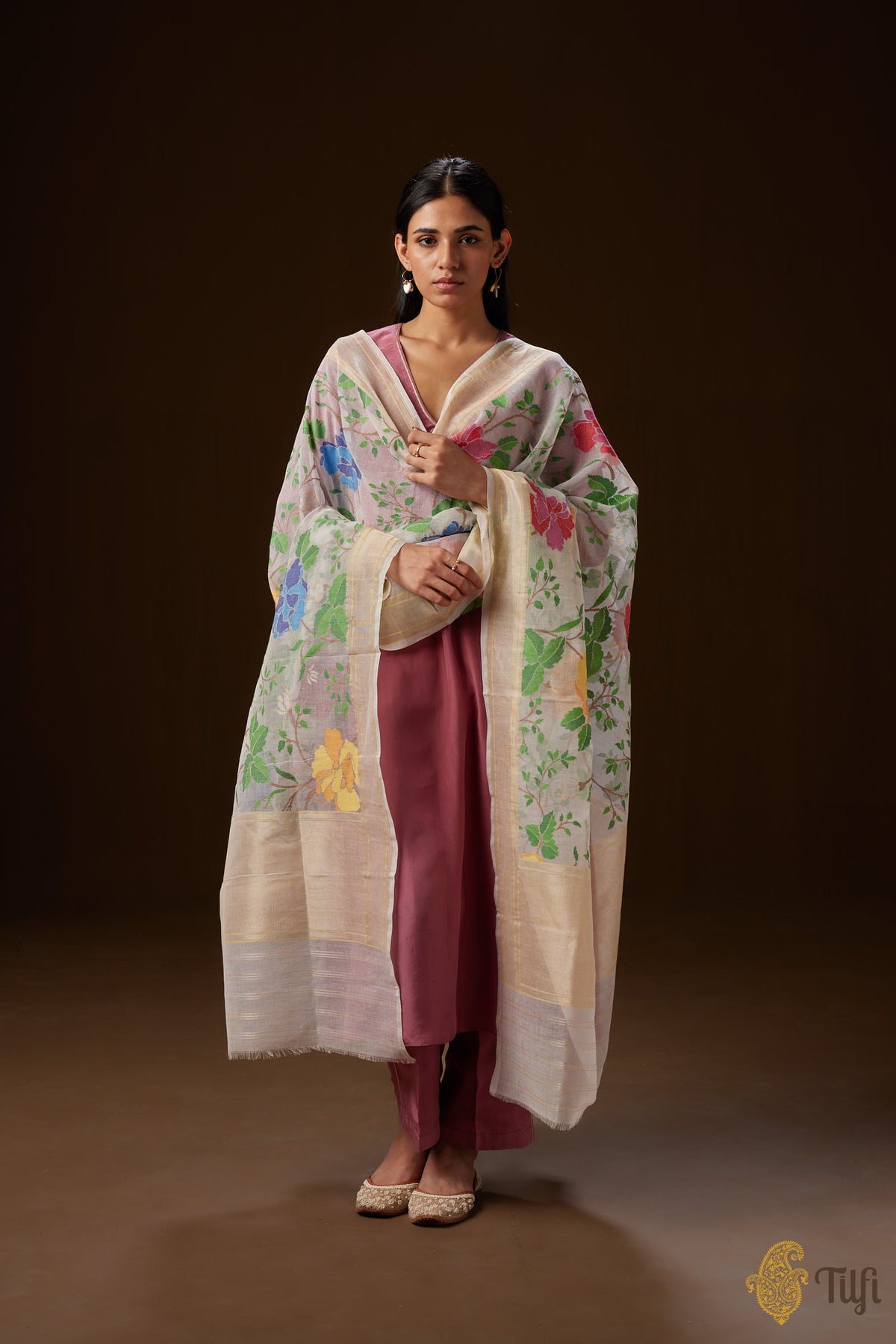 White Pure Cotton Jamdani Real Zari Floral Dupatta