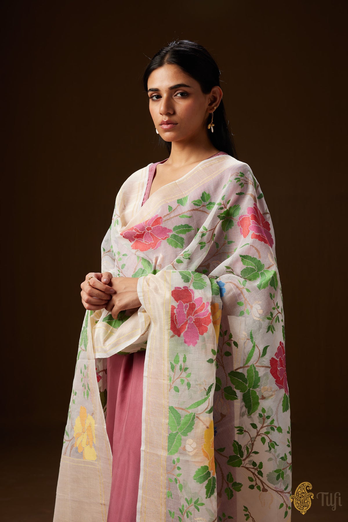 White Pure Cotton Jamdani Real Zari Floral Dupatta