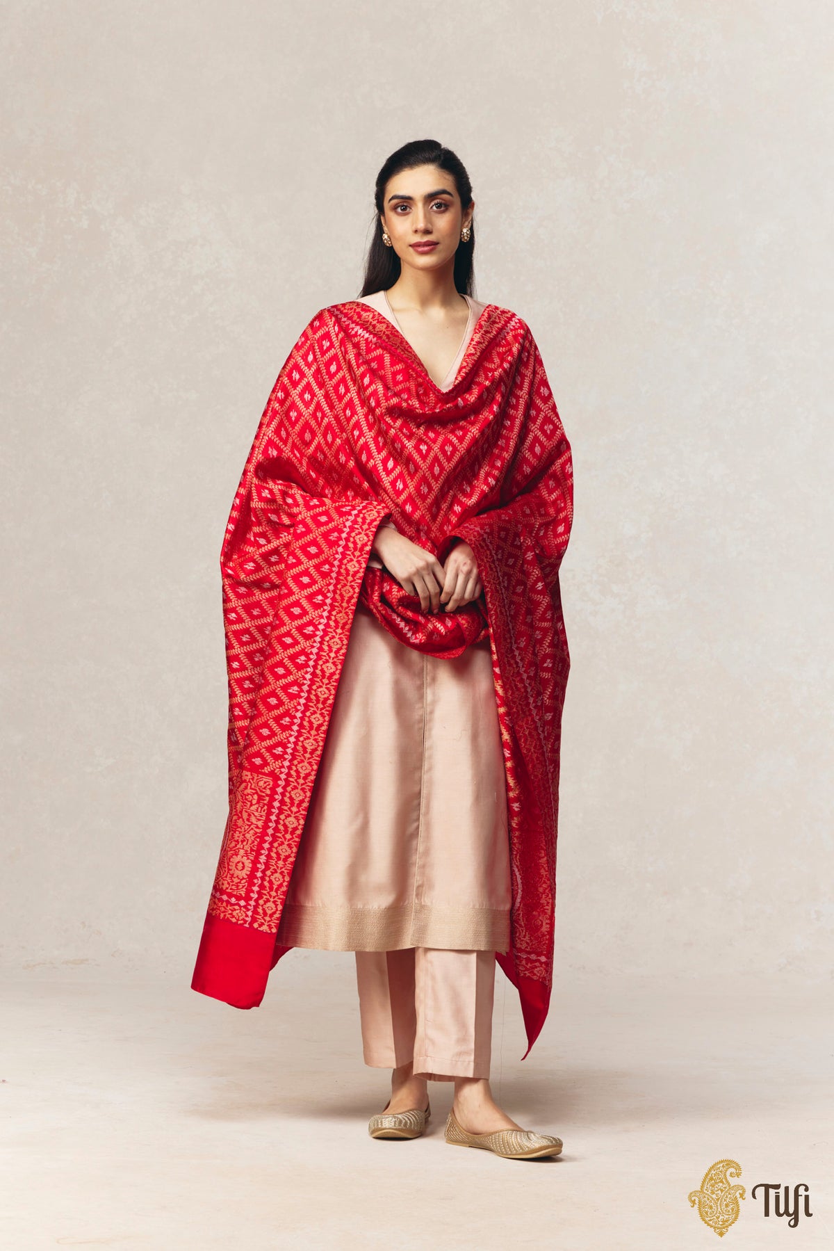 Red Pure Katan Silk Ektara Real Zari Jamdani Banarasi Handloom Dupatta