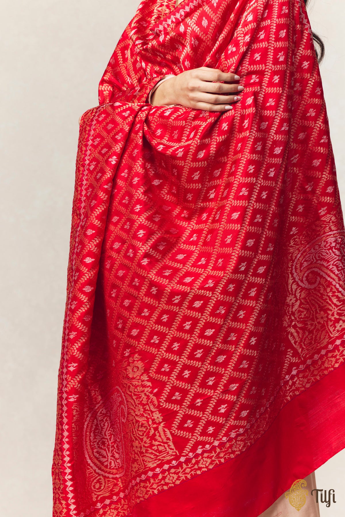 Red Pure Katan Silk Ektara Real Zari Jamdani Banarasi Handloom Dupatta