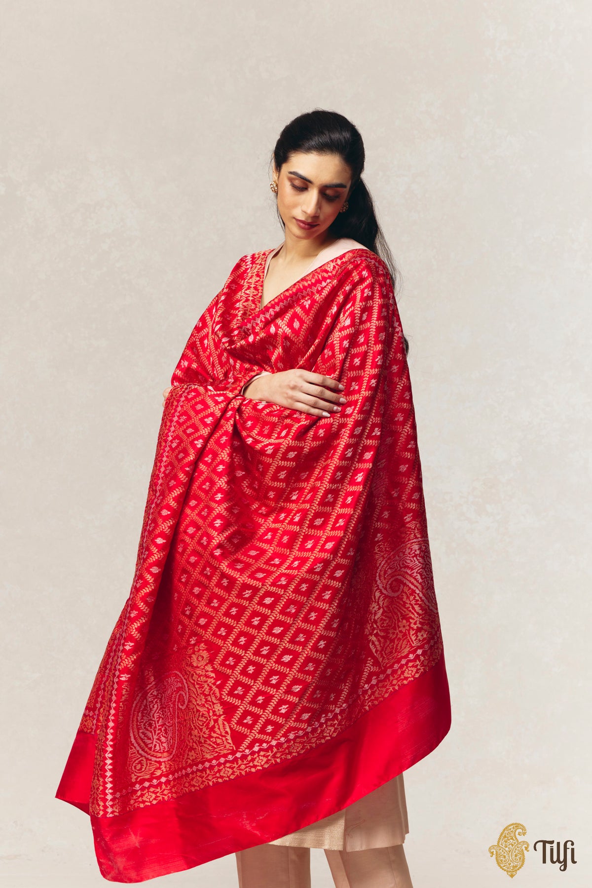 Red Pure Katan Silk Ektara Real Zari Jamdani Banarasi Handloom Dupatta