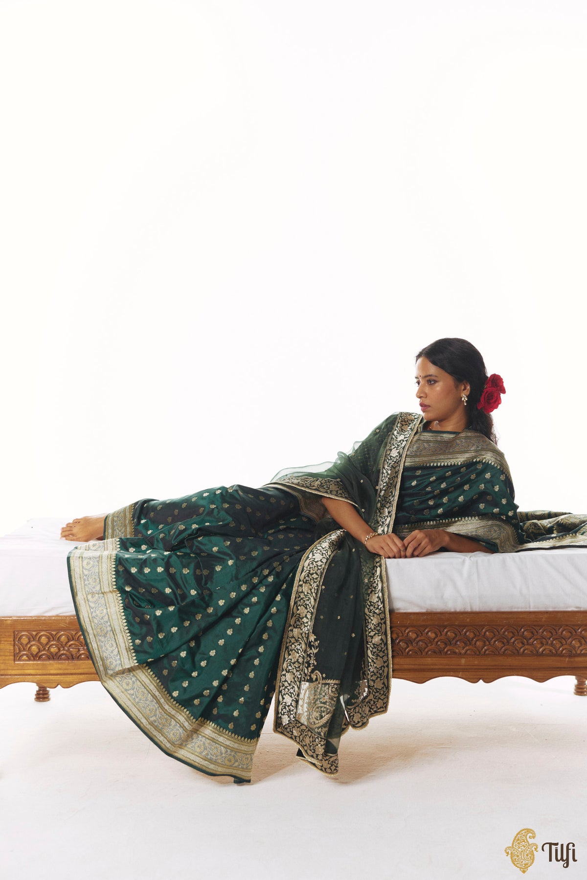 'Amrapali' Deep Bottle Green Pure Katan Silk Banarasi Handloom Saree