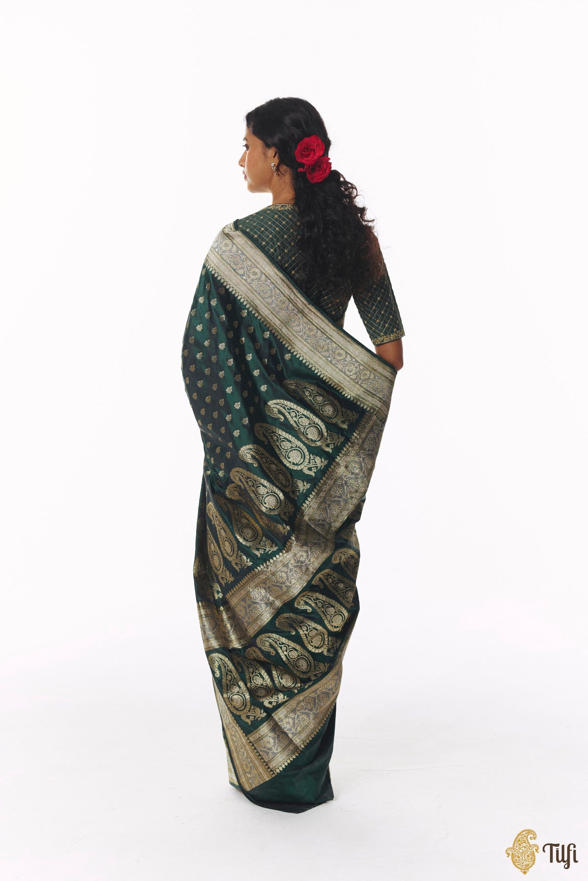 'Amrapali' Deep Bottle Green Pure Katan Silk Banarasi Handloom Saree