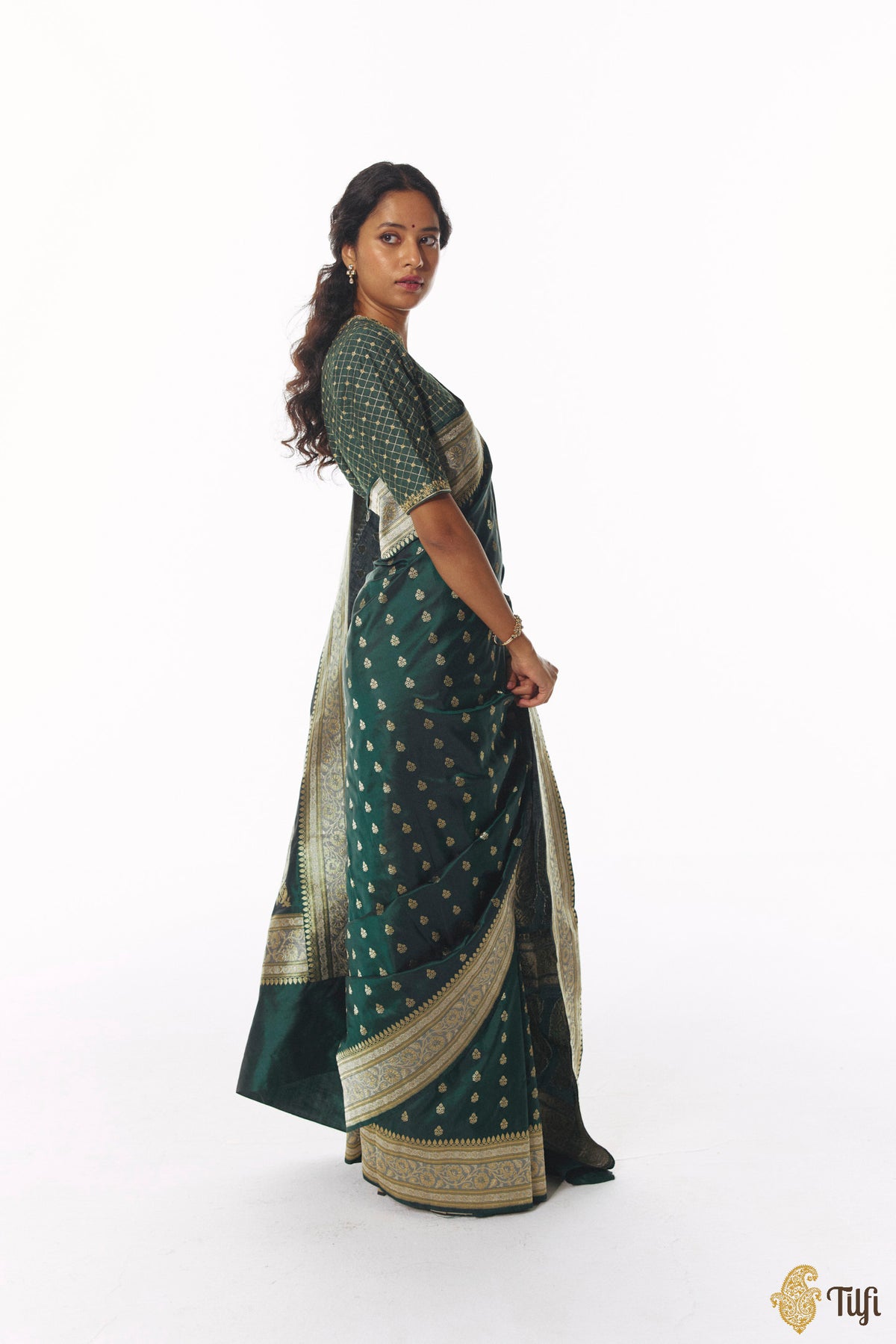 'Amrapali' Deep Bottle Green Pure Katan Silk Banarasi Handloom Saree