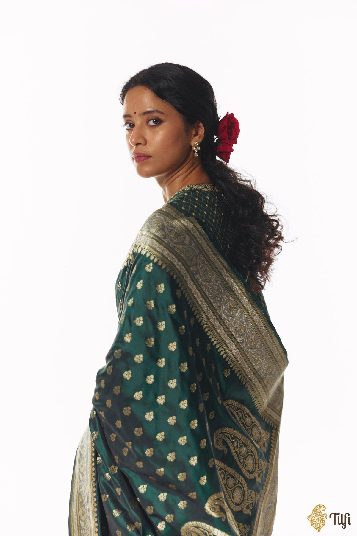 'Amrapali' Deep Bottle Green Pure Katan Silk Banarasi Handloom Saree