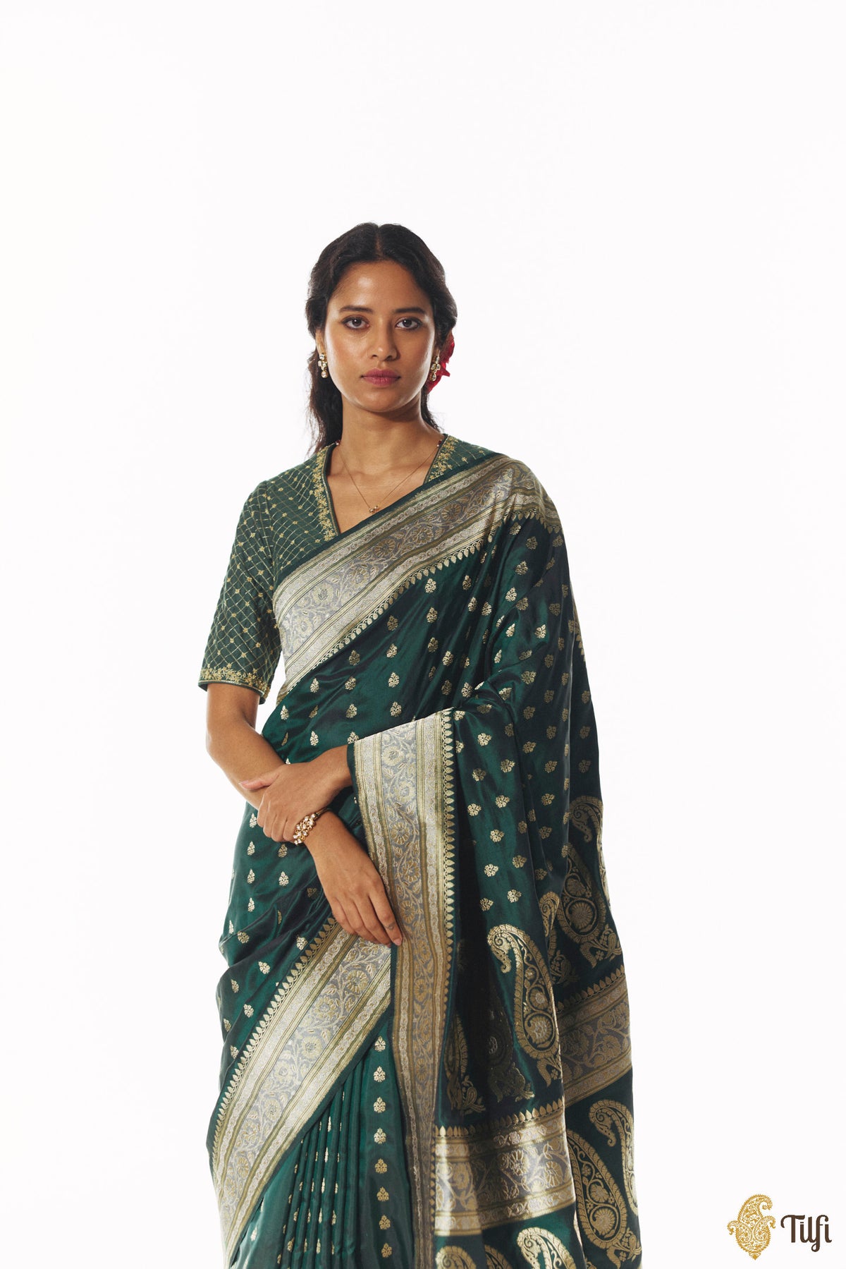 'Amrapali' Deep Bottle Green Pure Katan Silk Banarasi Handloom Saree