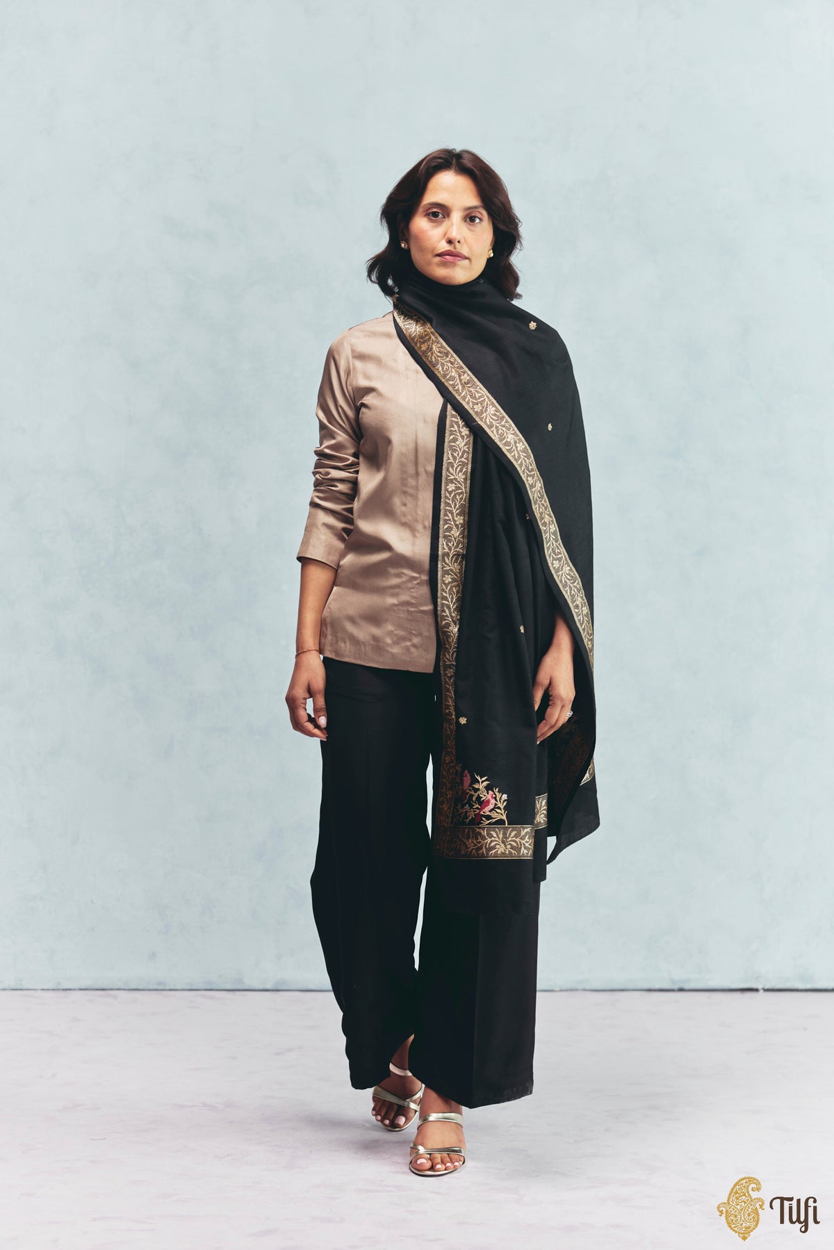 'Willow' Black Silk-Pashmina Wool Banarasi Handloom Shawl