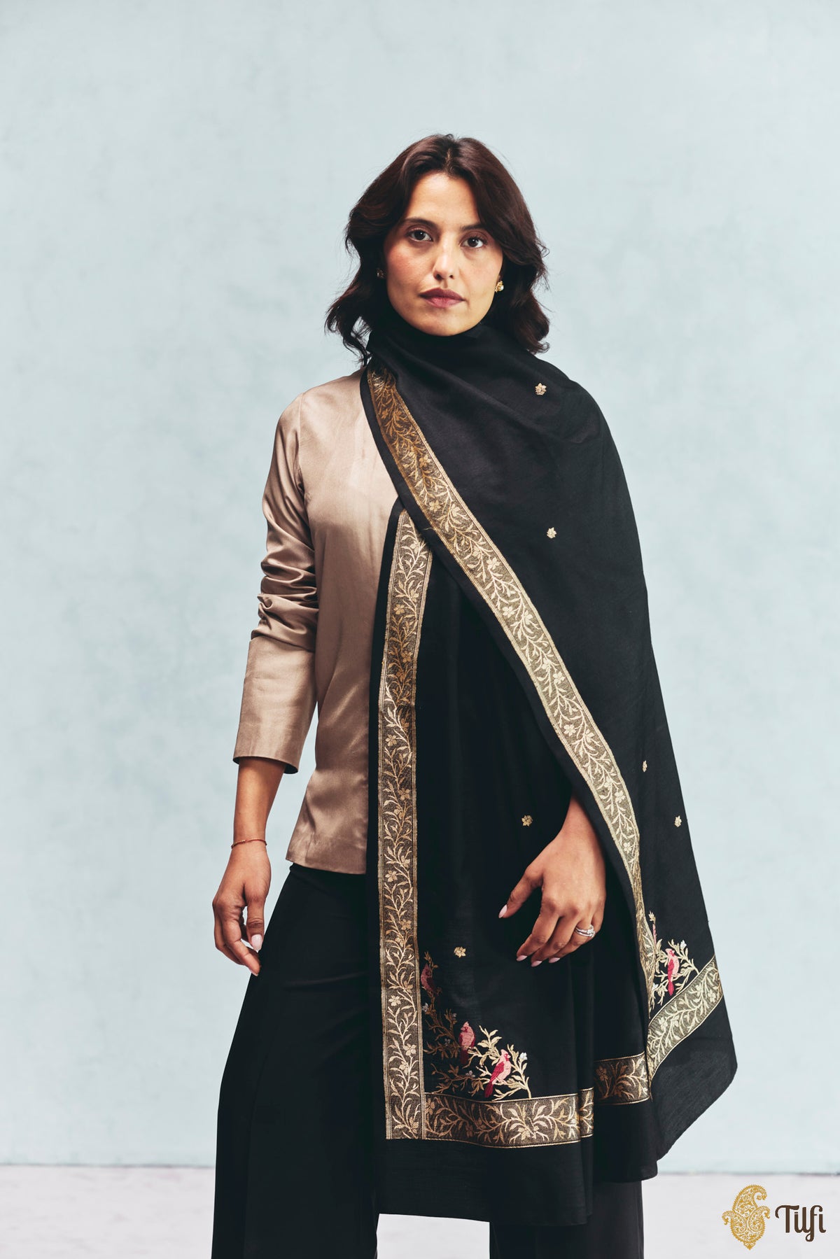 'Willow' Black Silk-Pashmina Wool Banarasi Handloom Shawl