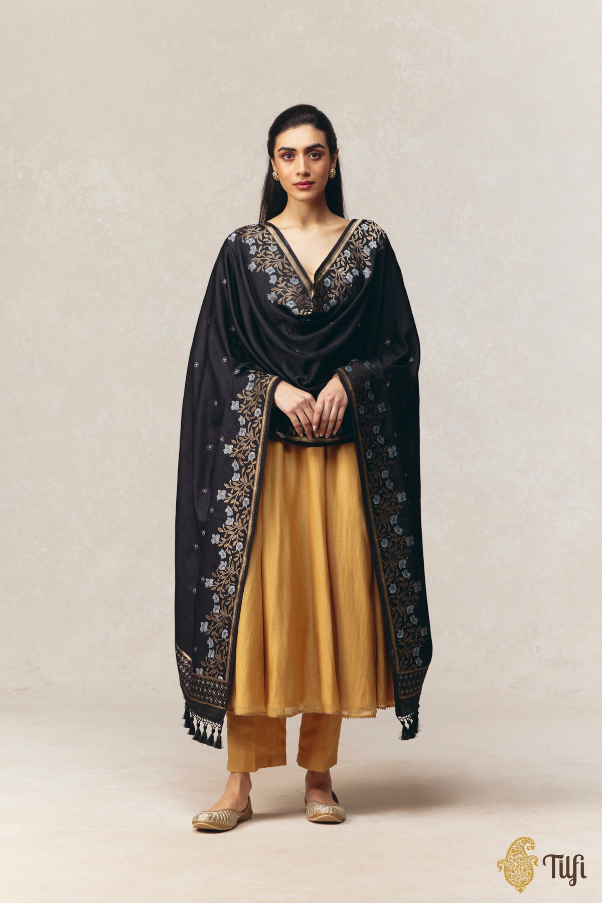 Black Pure Silk by Wool Kadwa Booti Wool Dupatta