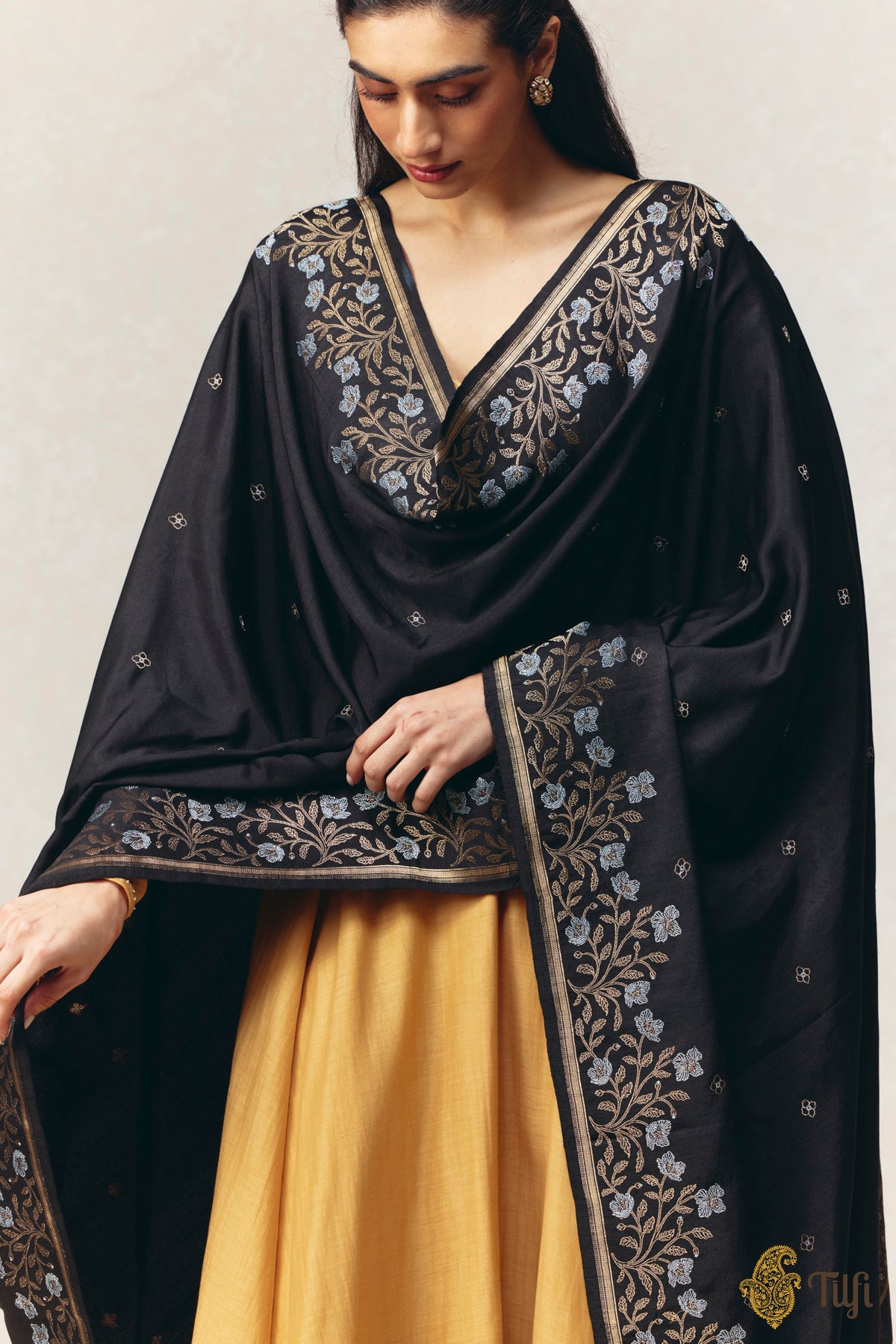 Black Pure Silk by Wool Kadwa Booti Wool Dupatta