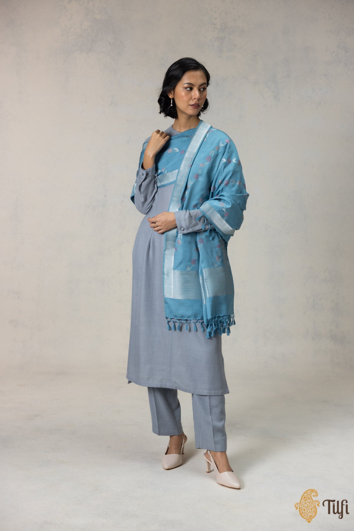 Blue Silk-Wool Banarasi Handloom Dupatta