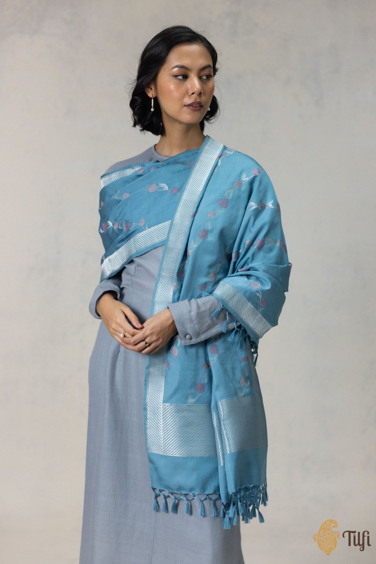 Blue Silk-Wool Banarasi Handloom Dupatta