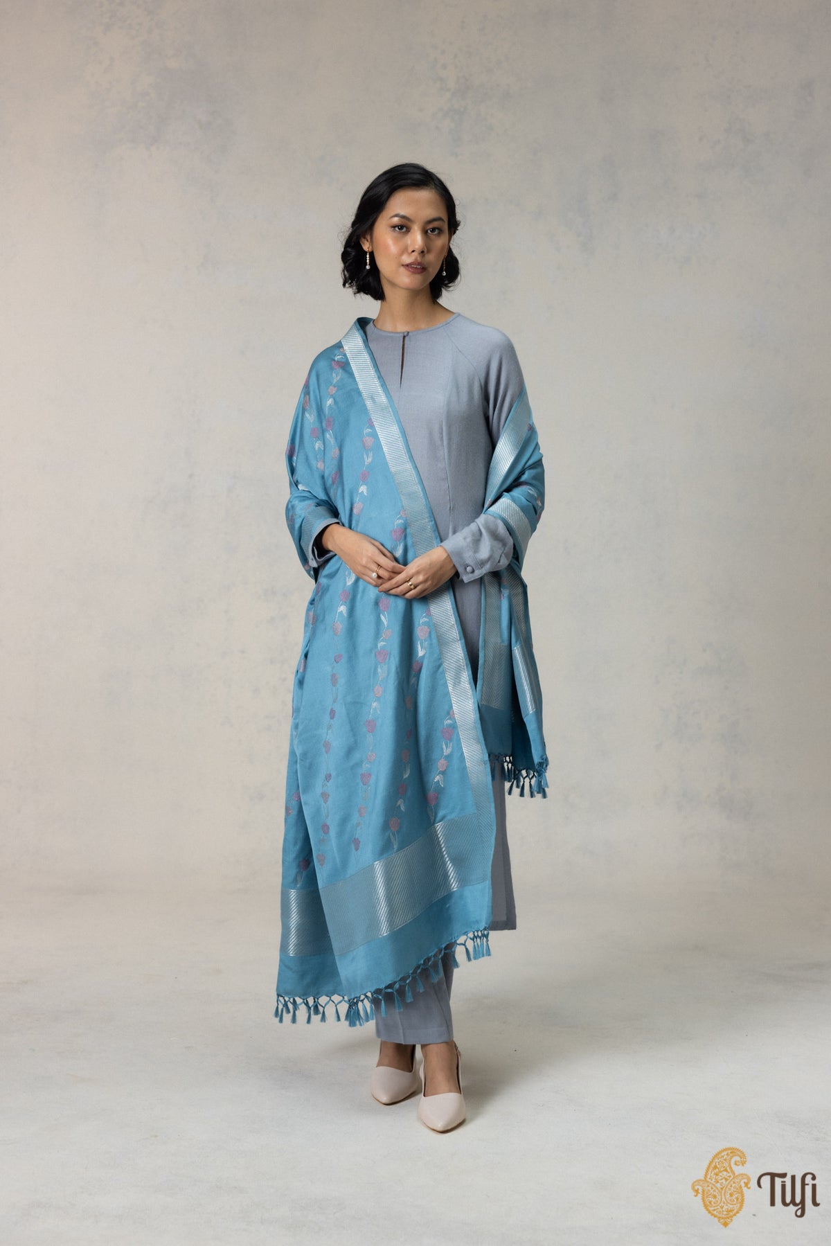 Blue Silk-Wool Banarasi Handloom Dupatta