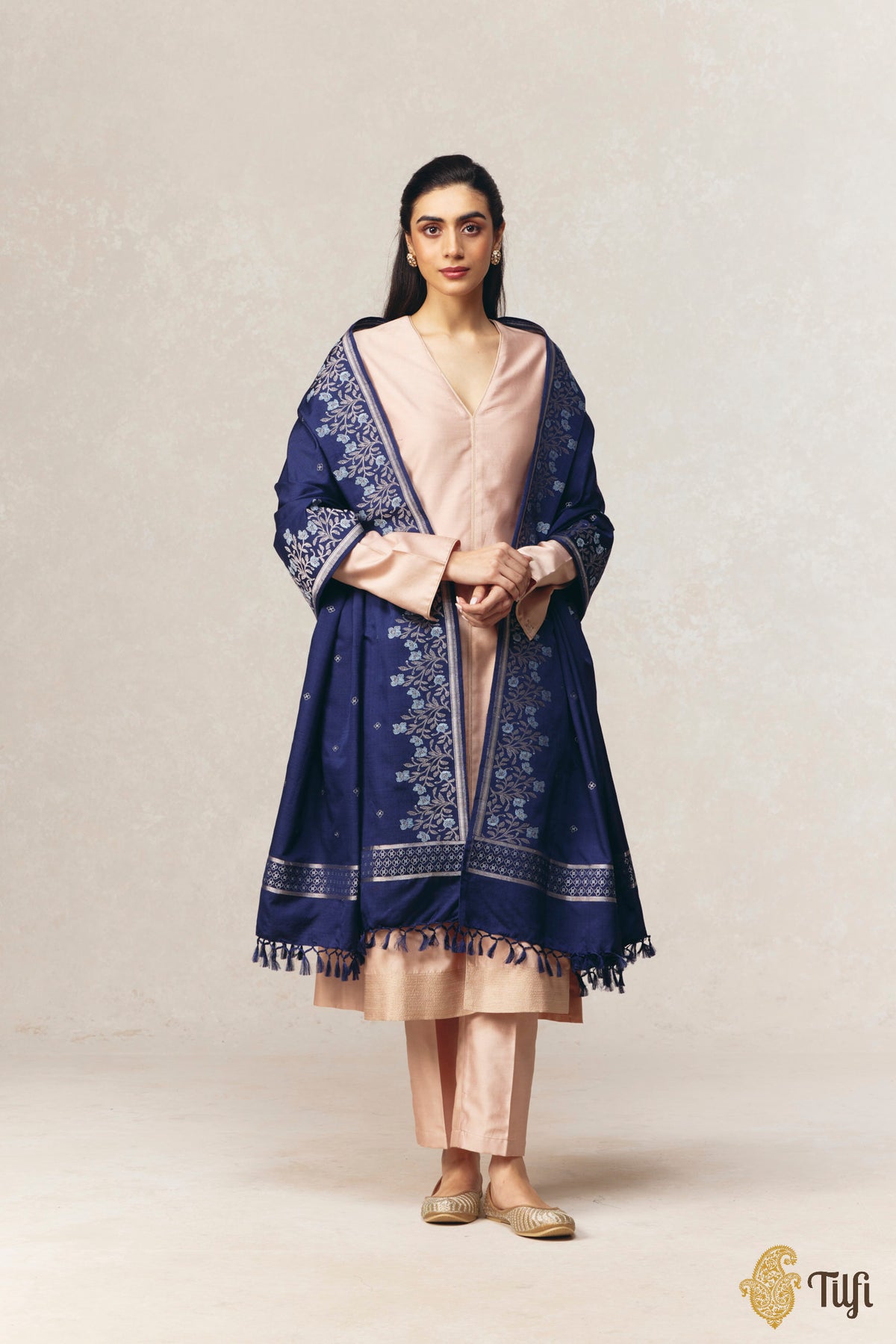 Deep Navy Blue Pure Silk by Wool Kadwa Booti Wool Dupatta