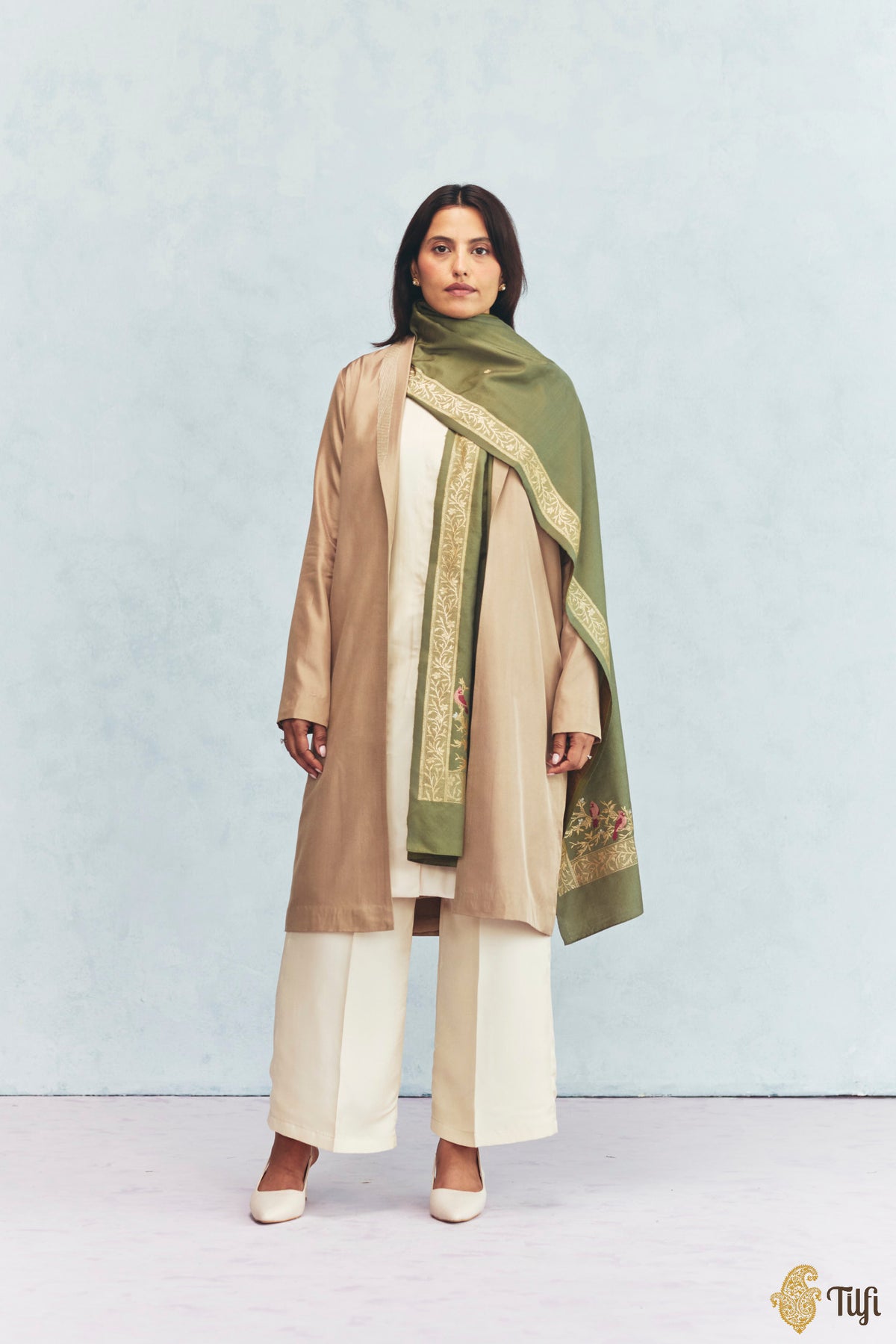 'Willow' Sage Green Silk-Pashmina Wool Banarasi Handloom Shawl