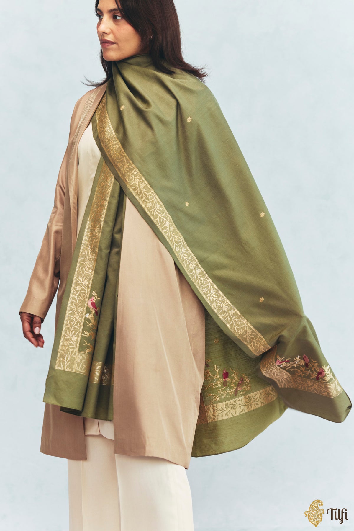 'Willow' Sage Green Silk-Pashmina Wool Banarasi Handloom Shawl