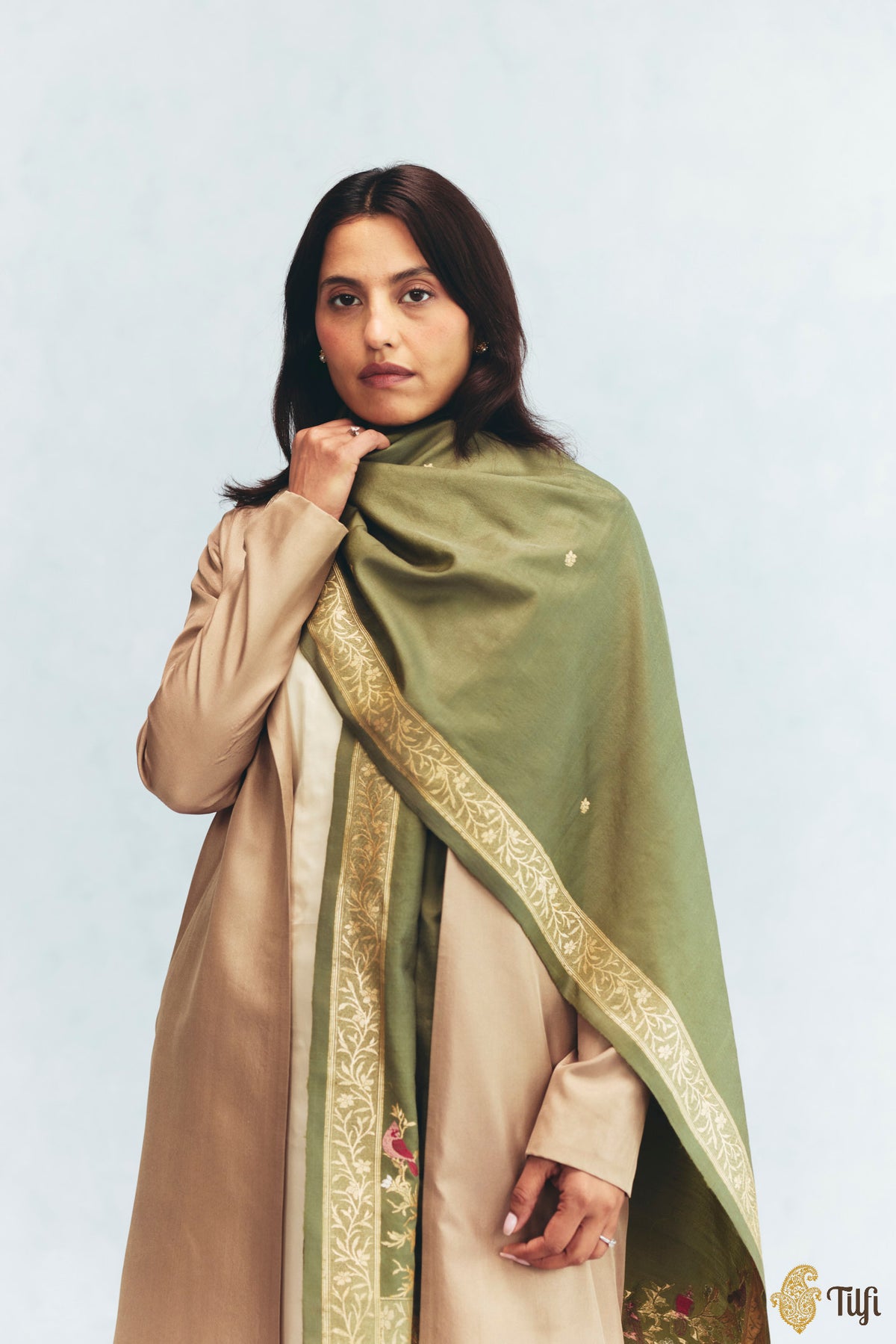'Willow' Sage Green Silk-Pashmina Wool Banarasi Handloom Shawl