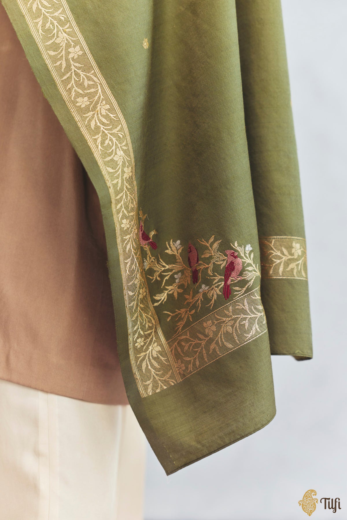 'Willow' Sage Green Silk-Pashmina Wool Banarasi Handloom Shawl