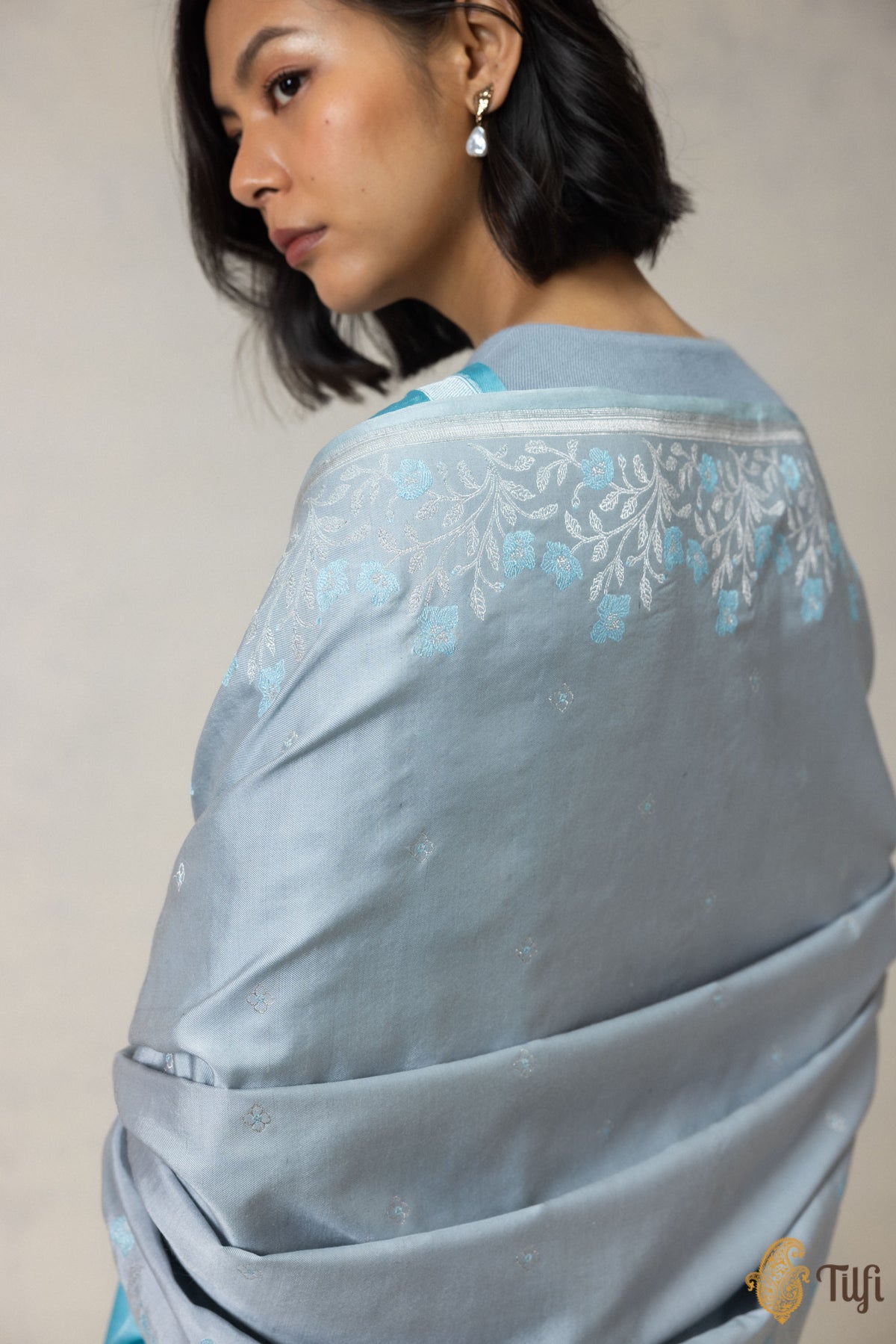 Silver Grey Silk-Wool Banarasi Handloom Dupatta