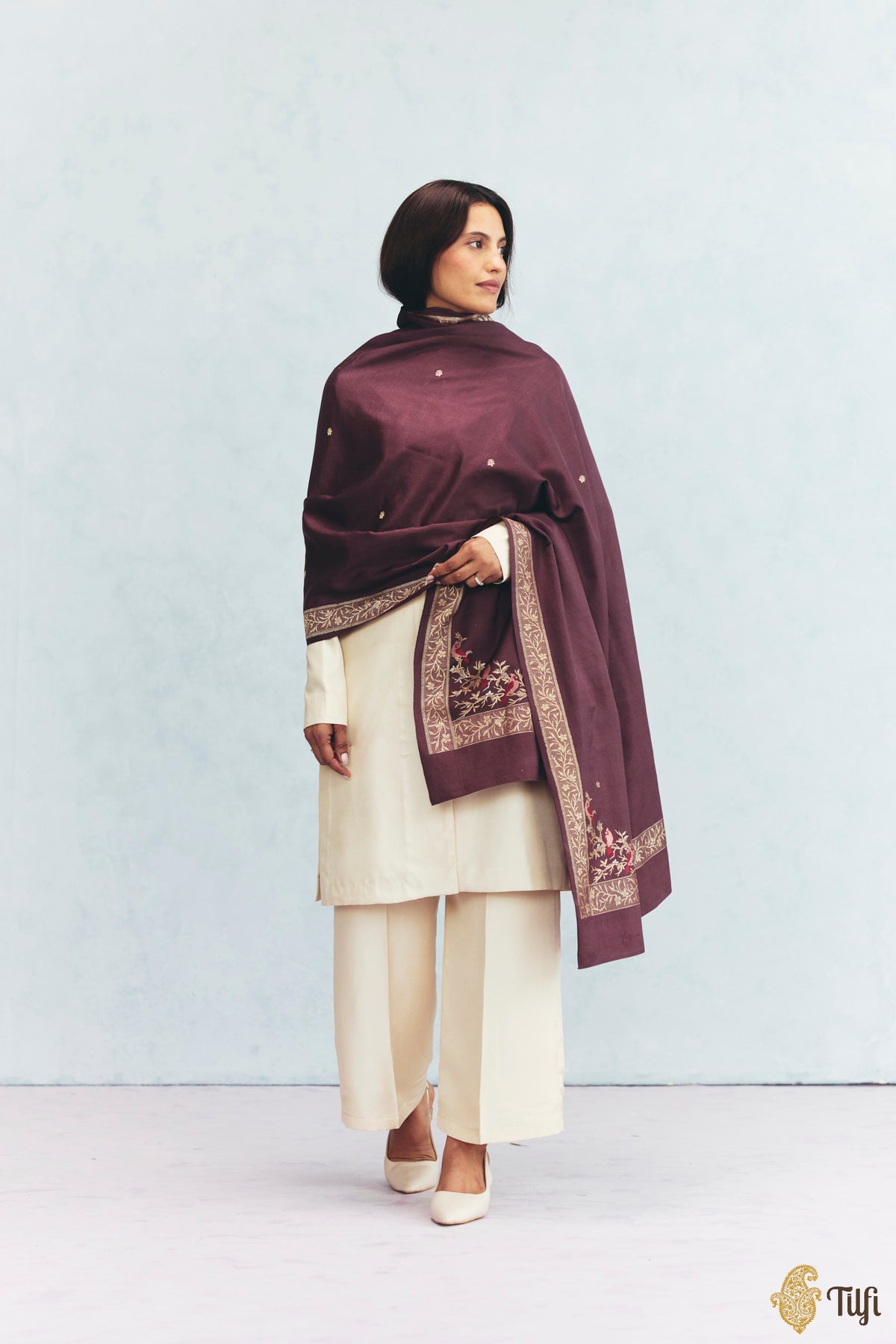 'Willow' Garnet Brown Silk-Pashmina Wool Banarasi Handloom Shawl