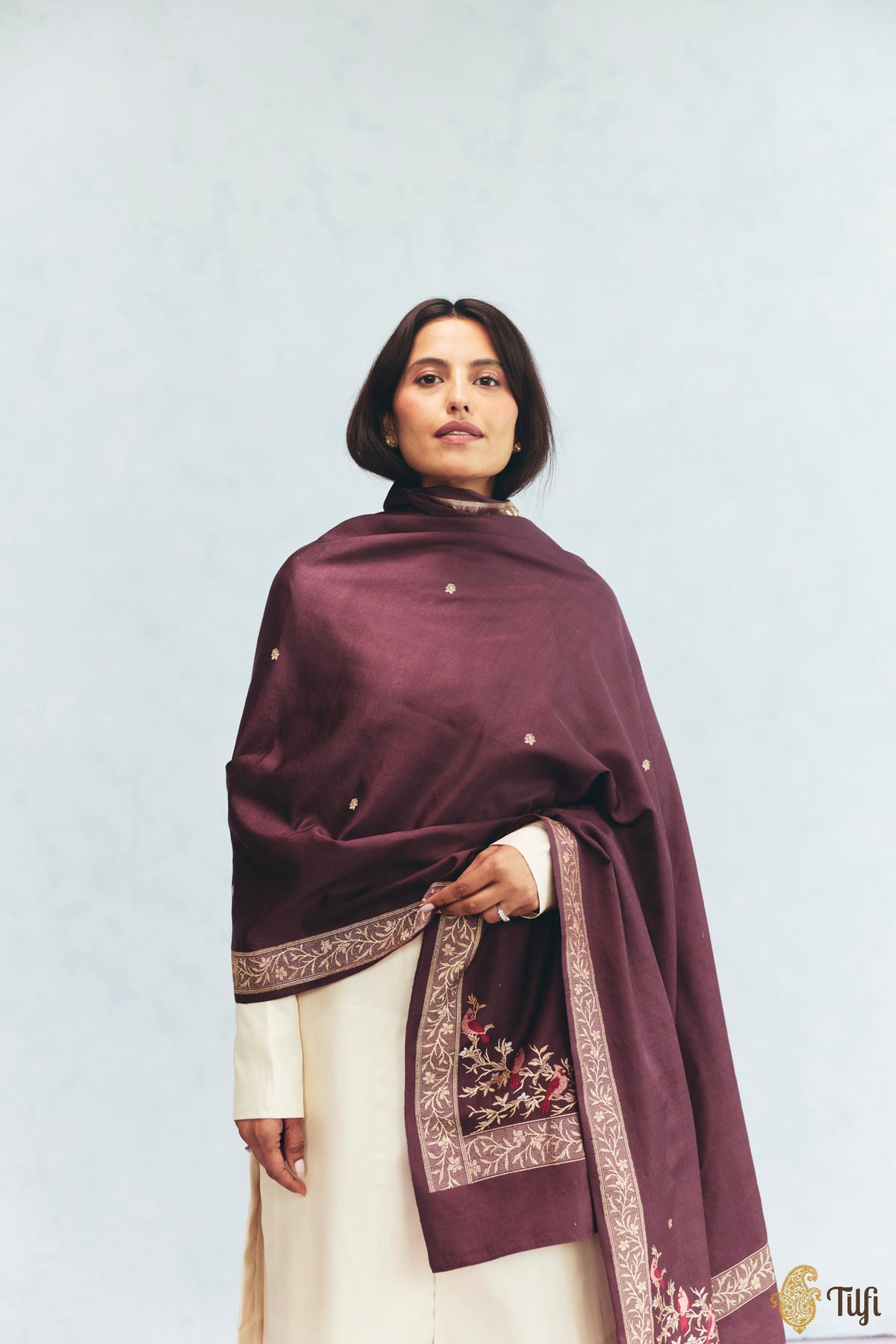 'Willow' Garnet Brown Silk-Pashmina Wool Banarasi Handloom Shawl