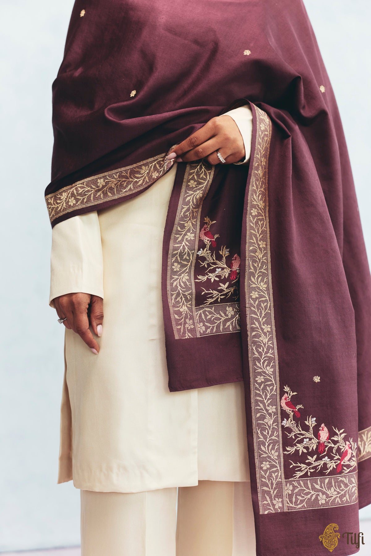 'Willow' Garnet Brown Silk-Pashmina Wool Banarasi Handloom Shawl