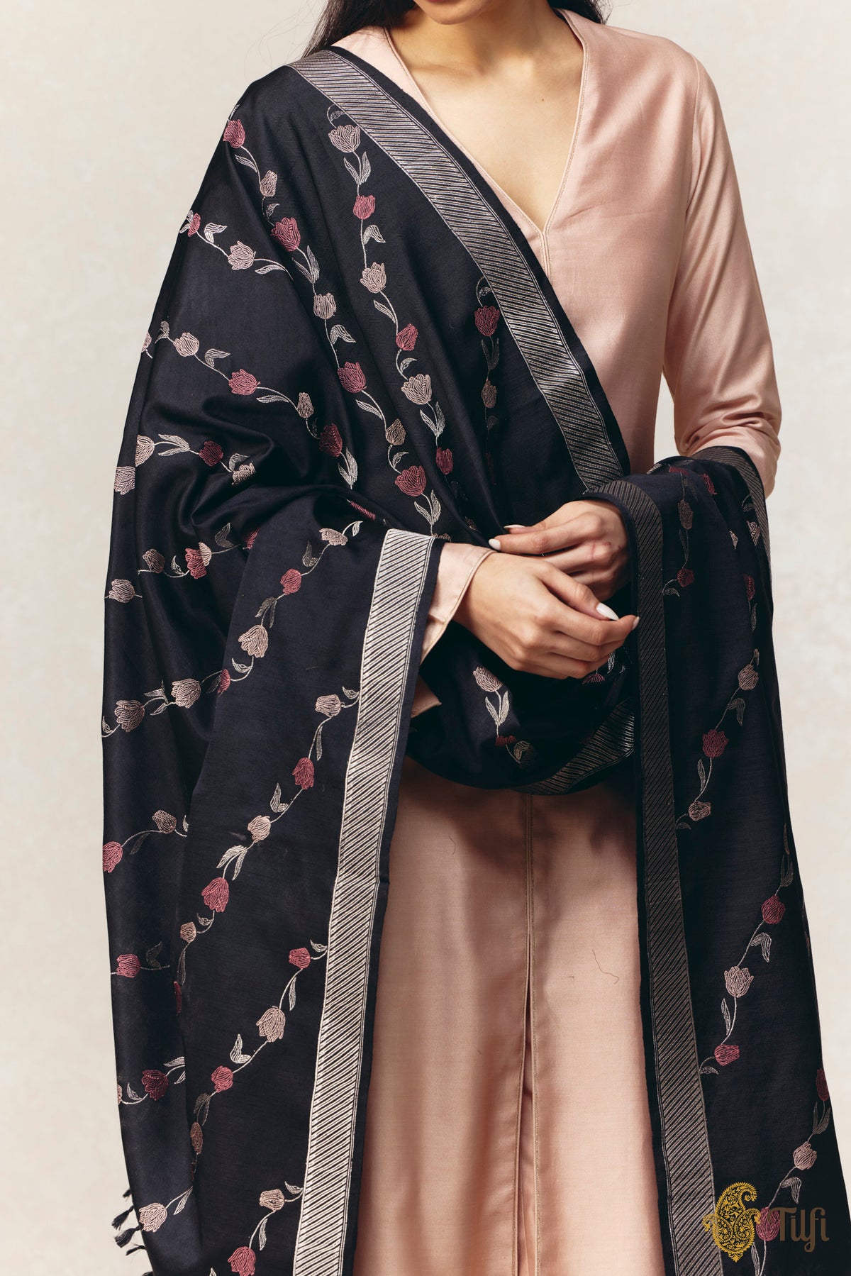 Black Pure Silk by Wool Kadwa Aadha Meena Dupatta