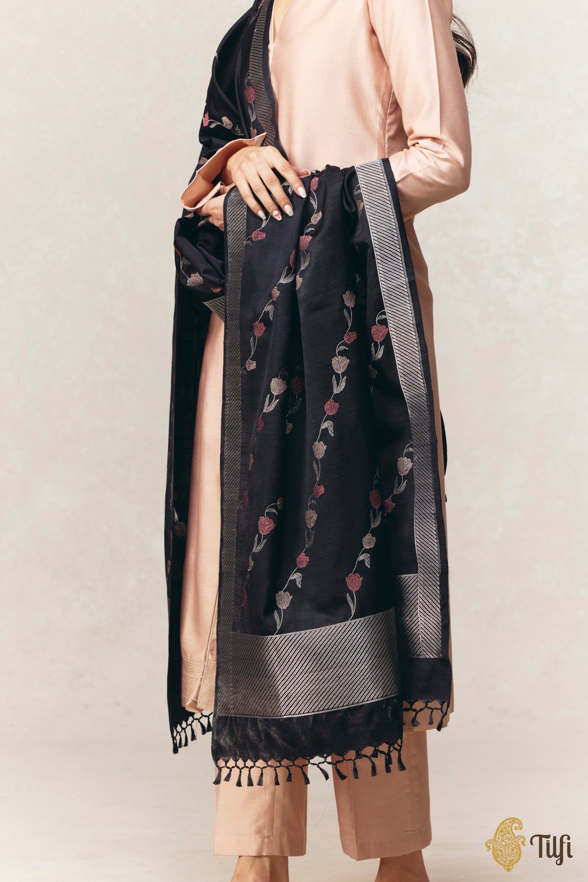 Black Pure Silk by Wool Kadwa Aadha Meena Dupatta