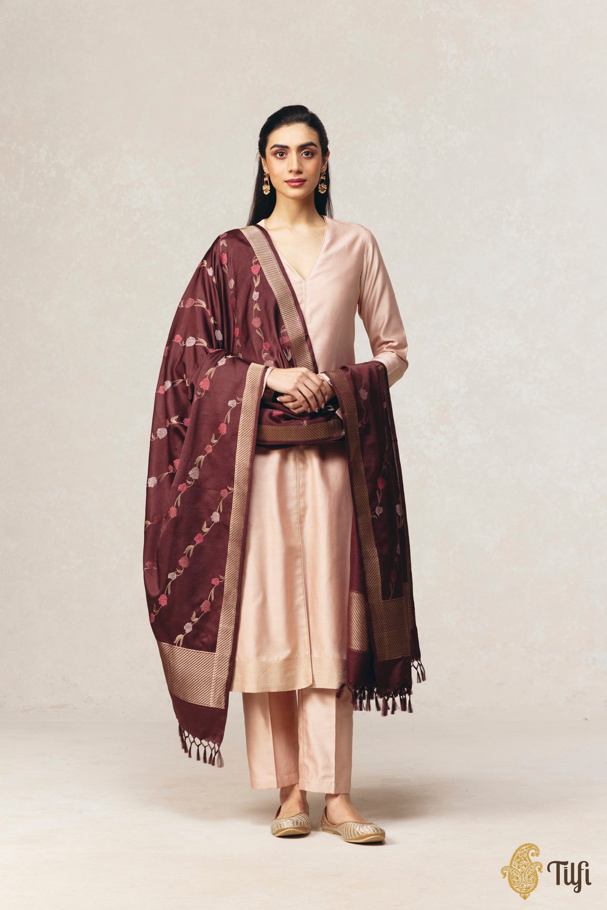 Chocolate Brown Pure Silk by Wool Kadwa Aadha Meena Dupatta